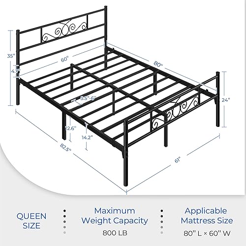 Miniatura 2 de Topeakmart Base de cama de metal clásico negro de 13 pulgadas con cabecero, base de colchón, plataforma de cama, base de cama con listones, tamaño