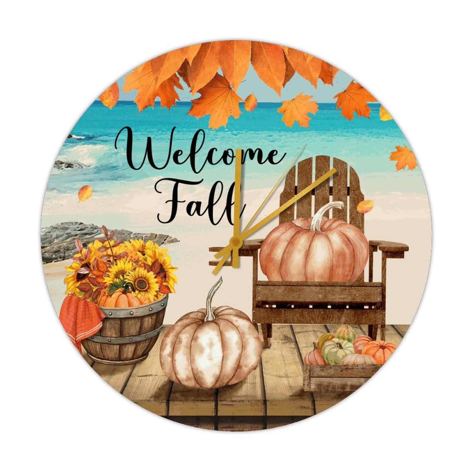 Horloge ronde en bois d'automne 38cm pendule murale rustique à piles