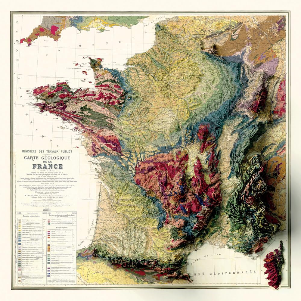 Carte GEOLOGIQUE de la FRANCE avec Effet 3D - 120 x 120 cm - Bâche 340 g/m²
