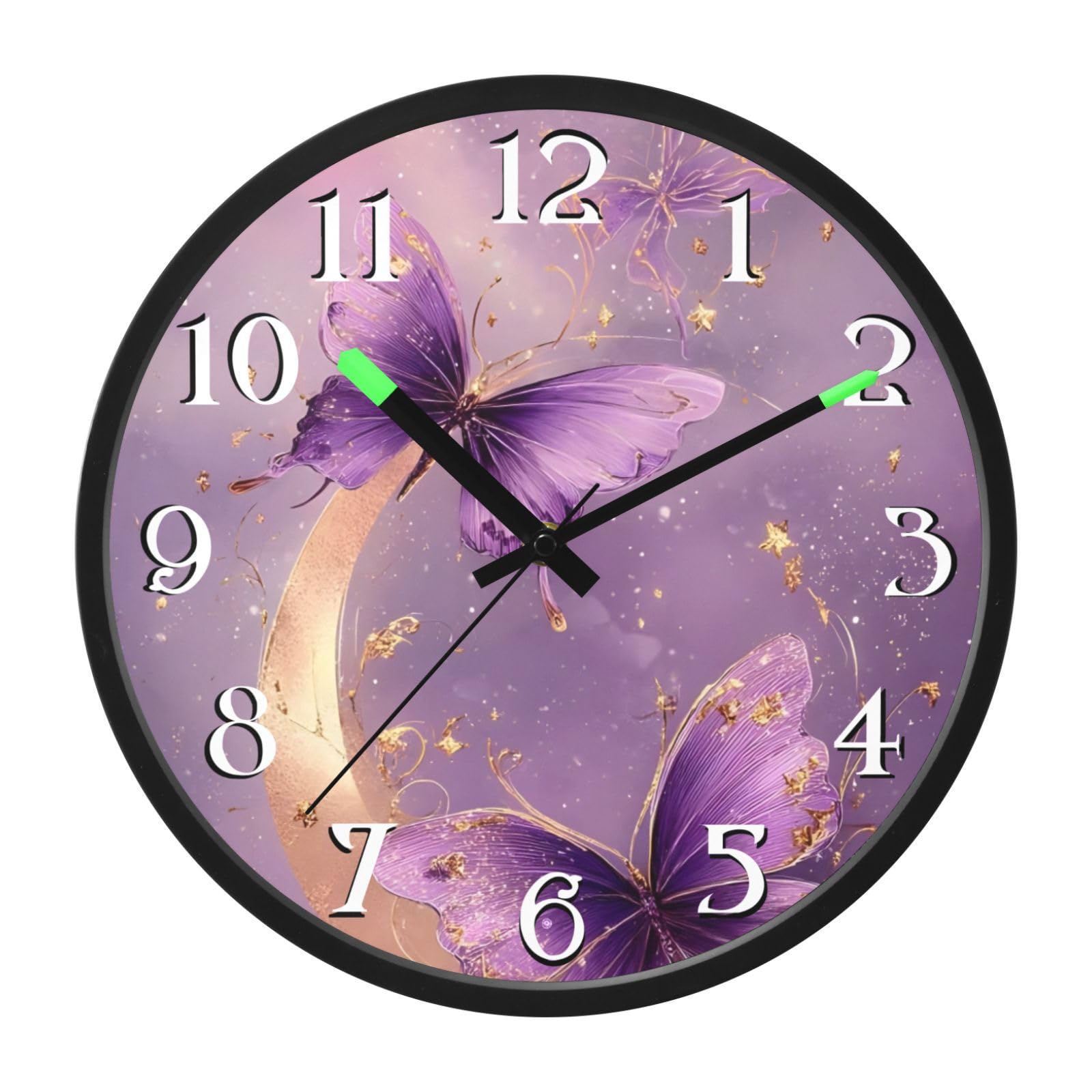 Mnsruu Reloj de pared luminoso con diseño de mariposas moradas y luna, funciona con pilas, reloj silencioso que brilla en la oscuridad, para sala de estar, cocina, 30,5 cm