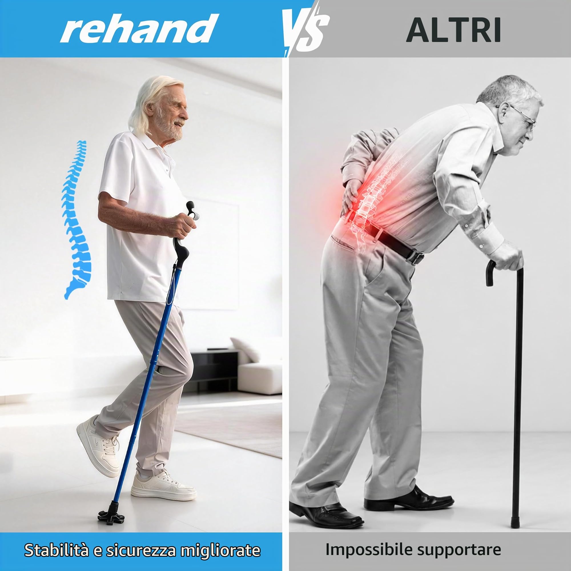 REHAND Bastone da Passeggio Regolabile per Anziani e Adulti – Impugnatura Ergonomica Antiscivolo, 10 Livelli di Regolazione dell’Altezza (101–124 cm), Portata fino a 159 kg