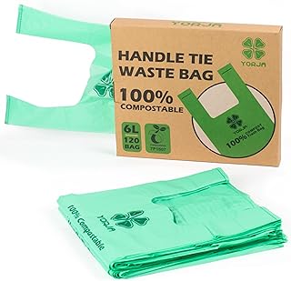 YORJA 1.6 Gallon Tie Handles Compost Trash Bags 120 Food Scrap Bags, Compostable Kitchen Waste Bags with Europe EN13432 & ASTM D6400 Certified