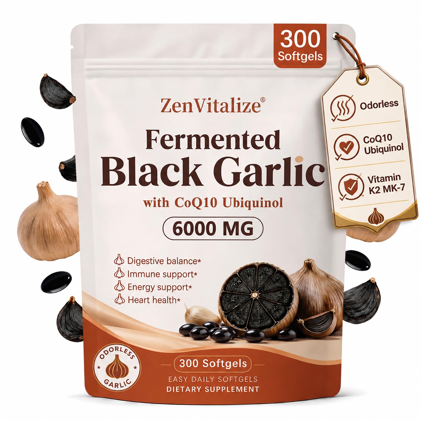 Aged Fermented Black Garlic Softgels with CoQ10 Ubiquinol and Vitamin K2 MK-7, Odor-Free Garlic Extract Supplement for Heart & Immune Support, Non-GMO, Gluten-Free, 300 Softgels — Amazon image 2