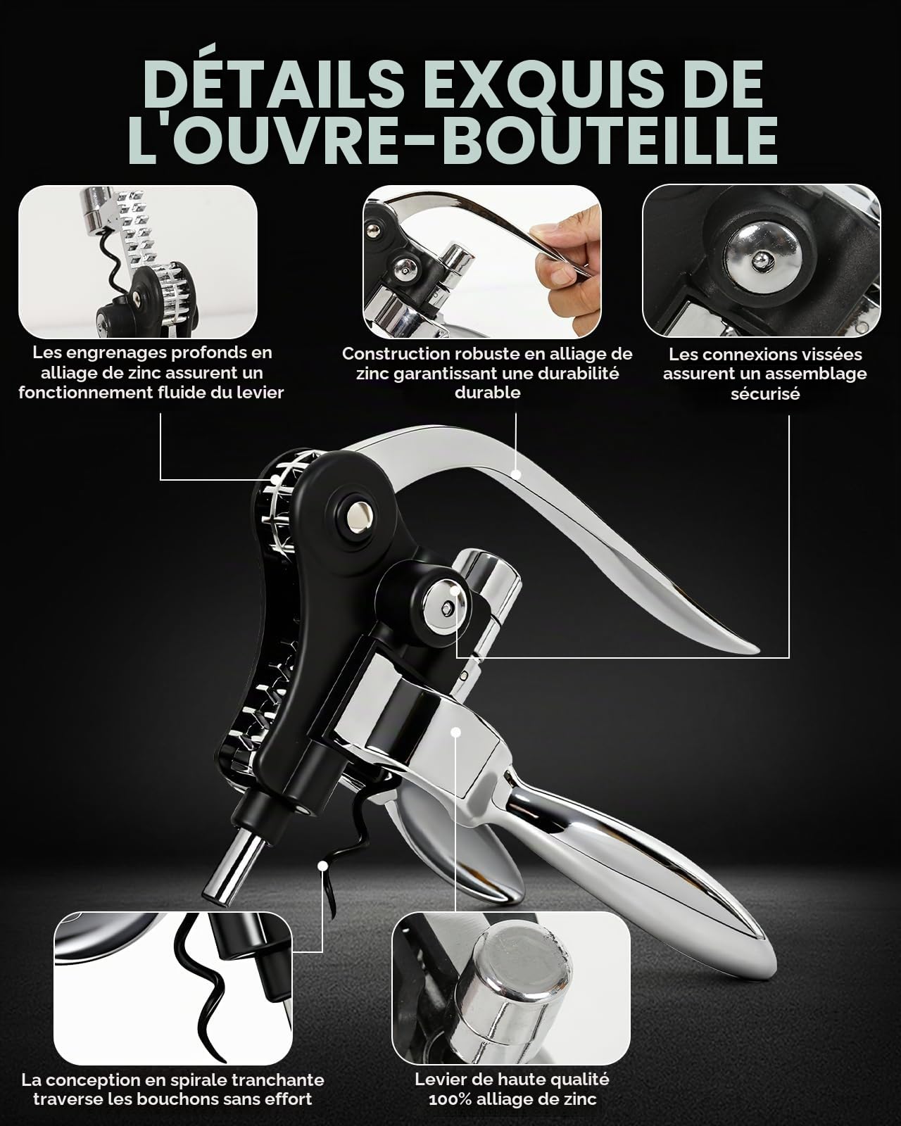 Tire Bouchon, 10 Pièces Ouvre Bouteille de Vin, Ensembles d'accessoires pour Vin avec Coupe-Capsule,Ouvre-Lapin,Anneaux Anti-Goutte,Bouchon,Verseur Vin,Vis sans Fin, pour Cadeaux et Amateurs de Vin