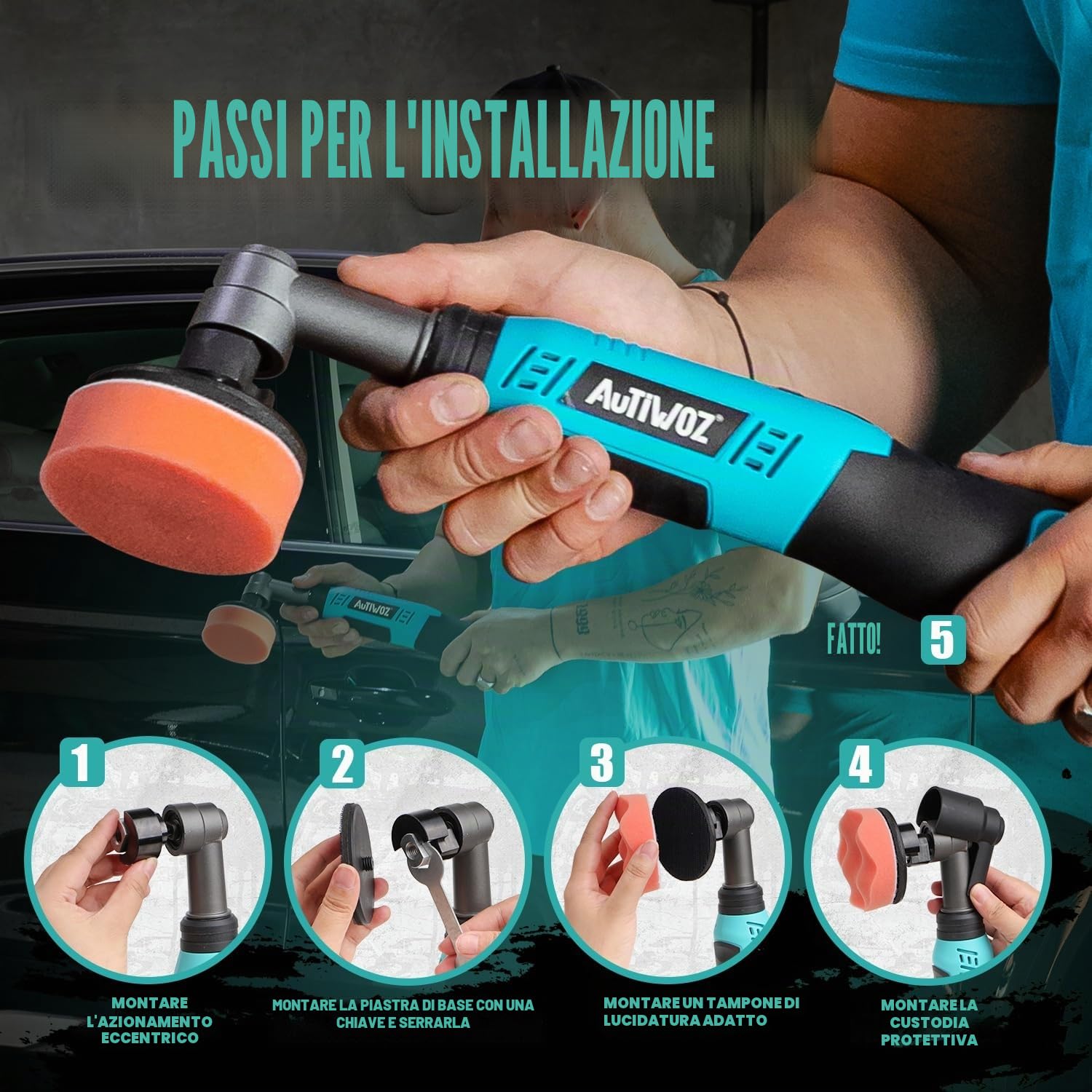 AUTIWOZ Mini lucidatrice a batteria, rotante e orbitale doppio uso, professionale kit lucidatrice, mini lucidatrice con display a LED per la manutenzione dell'auto