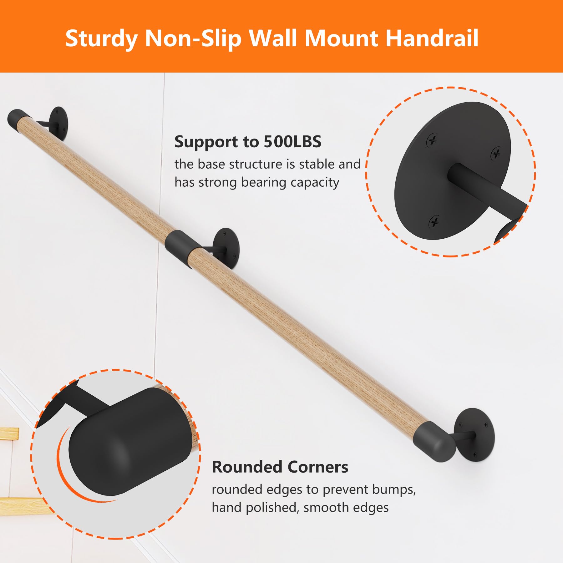 150CM/5FT Round Wooden Handrail for Indoor Staircase Handrail,Wall Mount Support Stair Railings - Image 3