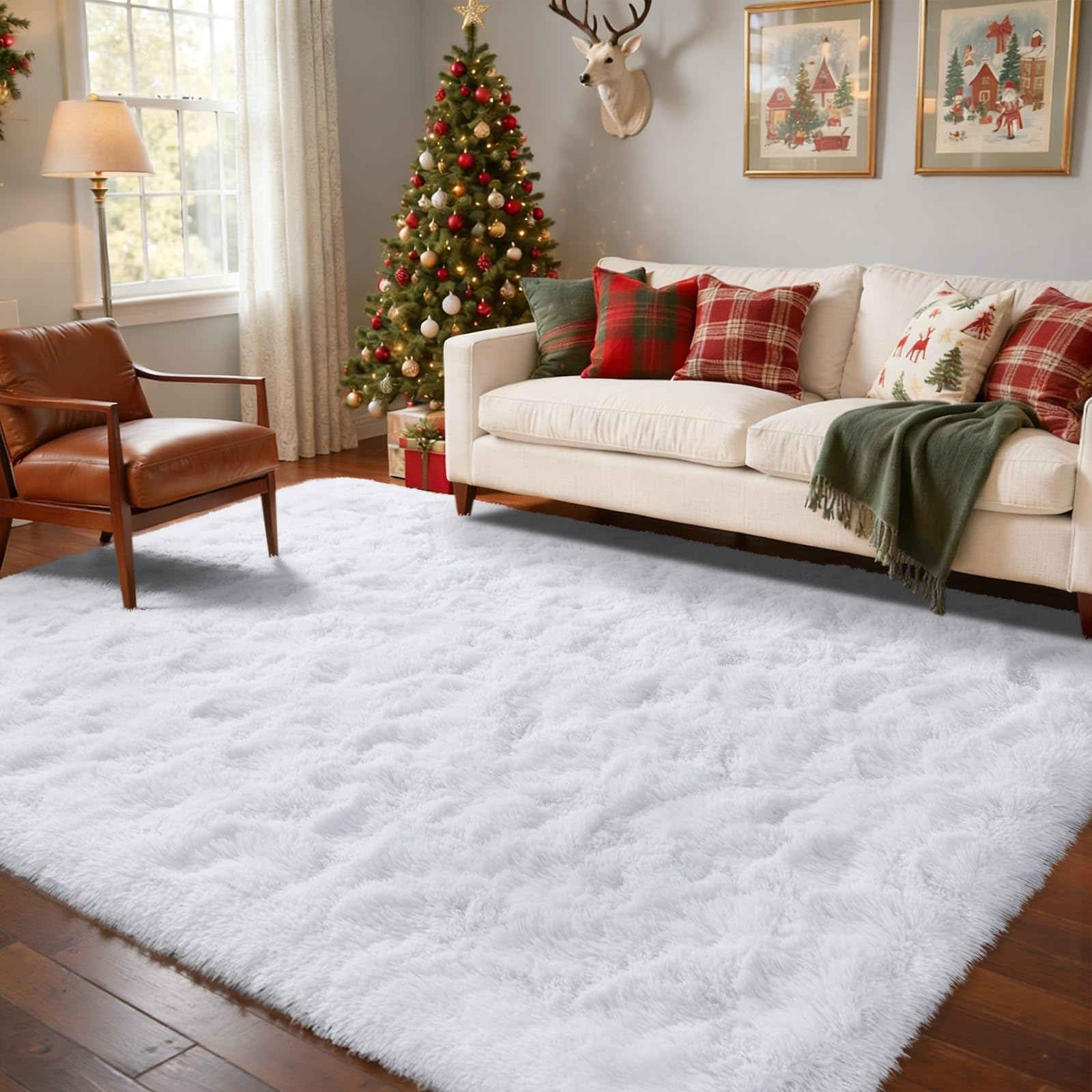 FinRèc White Rugs for Bedroom Living Room, 5x7 Feet Fluffy Shaggy Area Rug, Non-Slip Soft Shag Rug for Nursery Kids Room Dorm Room Home Decor, Indoor