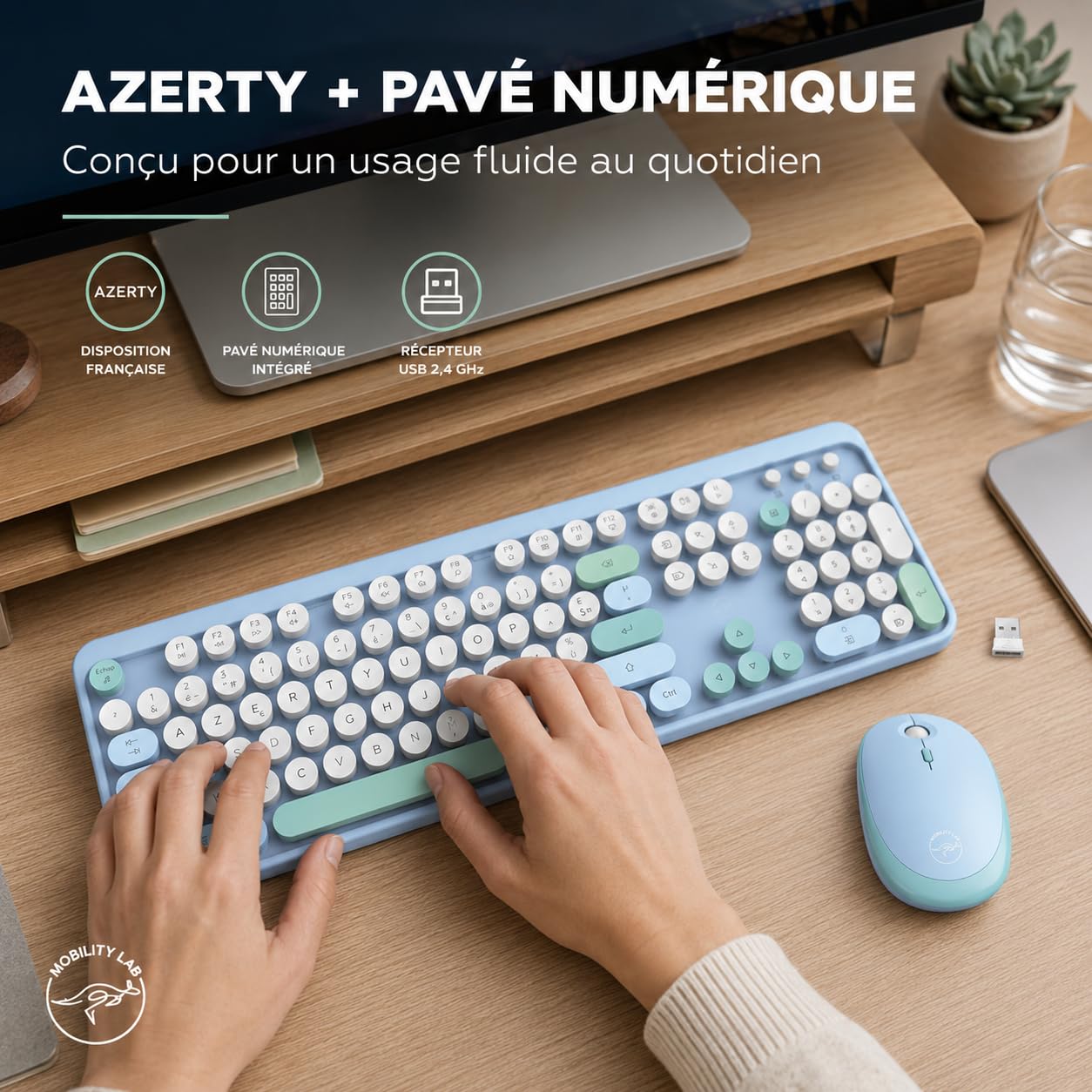 Mobility Lab – Combo Clavier + Souris sans Fil Pure Color – FR AZERTY, Touches Plates et sensibles, Design Compact, Raccourcis, Pavé numérique, Compatibilité Windows