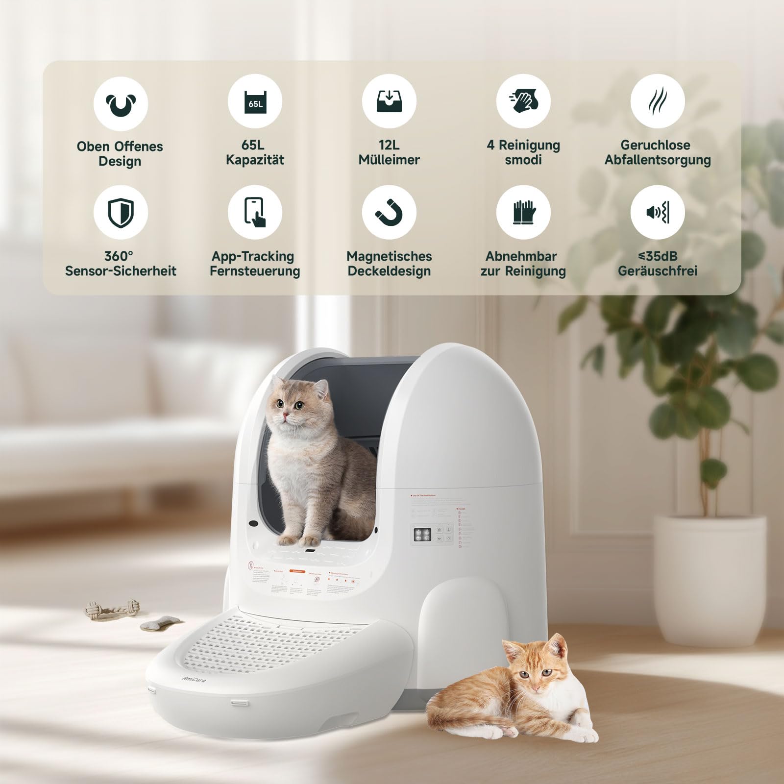 Amicura Cura2 Lettiera Autopulente Con Apertura Ampla, Controllo App, Senza Odore, Autopulente, Rilevamento A 360 Gradi, Grande Capacità Per Gatti/Gatti Anziani
