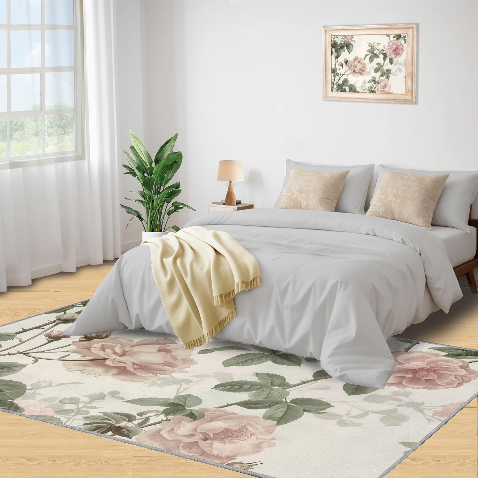 Tapis de Cuisine Vintage Antique Roses - 80 x 150 cm Tapis Shabby Chic pour Porte, Tapis de Chambre Floral de Campagne Antidérapant Anti-Fatigue pour Hall d'Entrée, Couloir