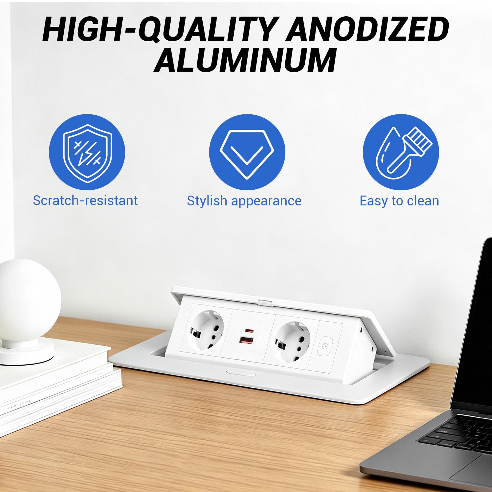 CPROSP Regleta Empotrable de Mesa con 2 Enchufes y USB (1A+1C) | Color: Blanca