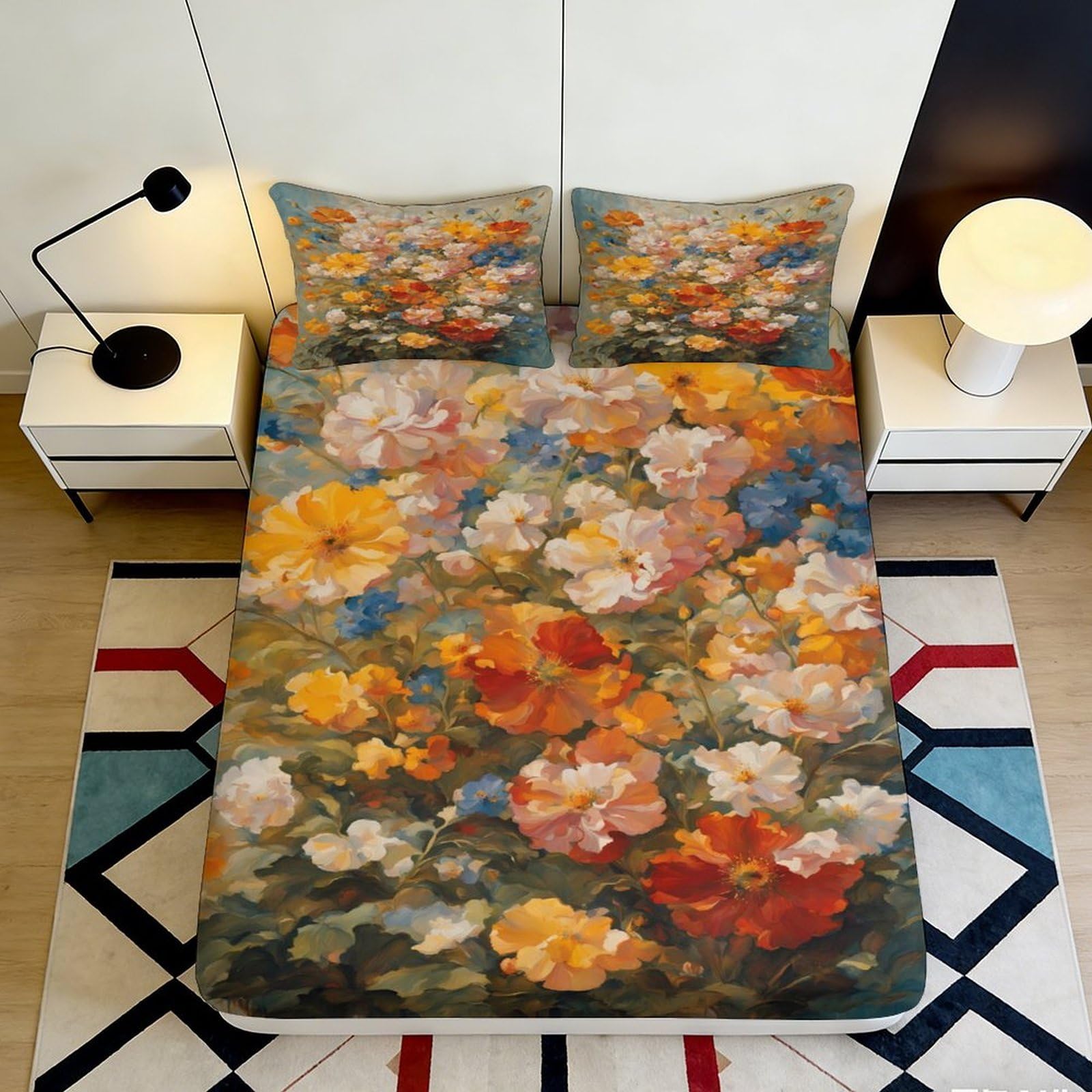 3D Printed vibrant floral Fitted Sheet for main bedroom, Microfiber soft touch, wrinkle resistant, apartment bedding, decor accent, machine washable 90x200x25cm