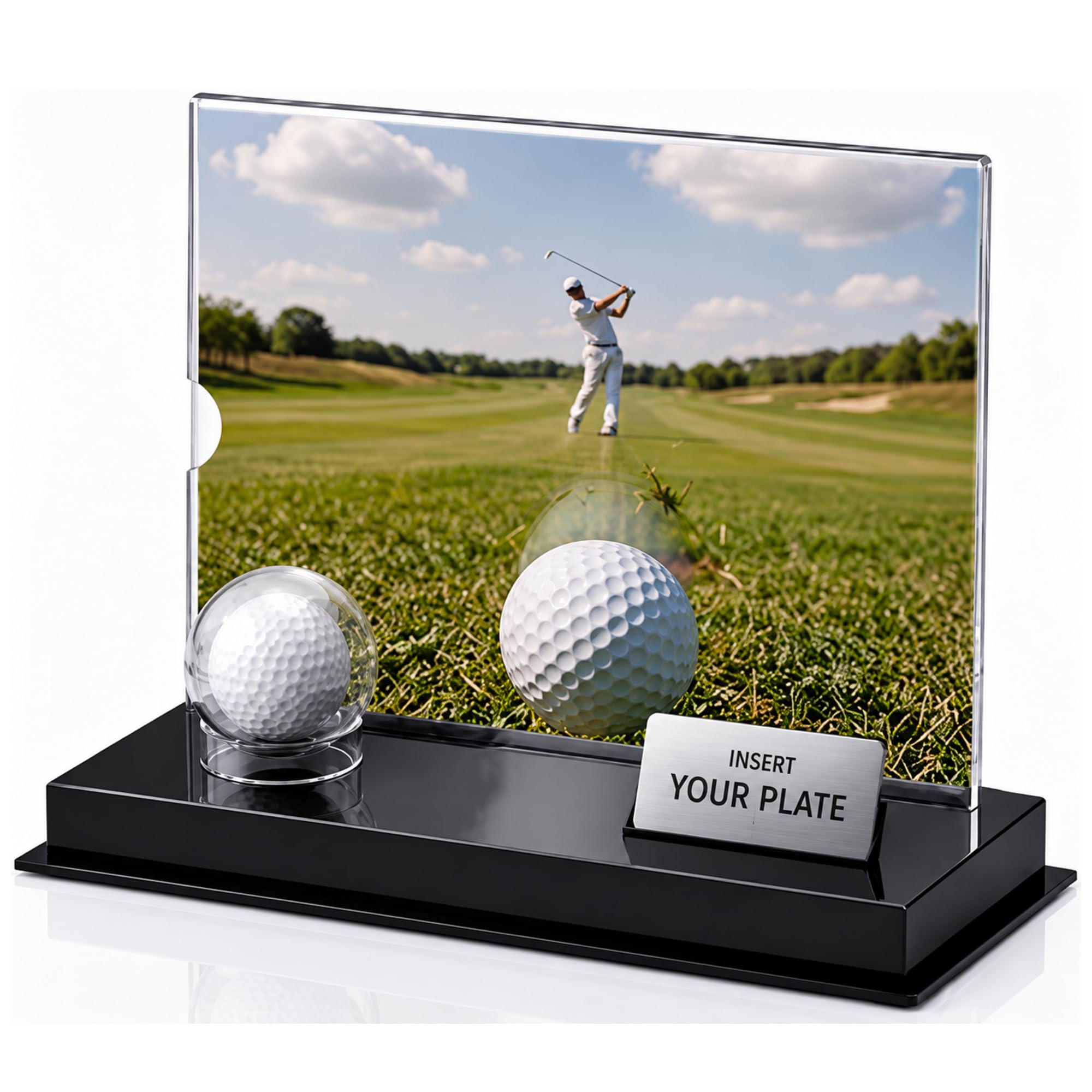 Novabright Golf Ball Display Case with Photo Frame &amp; Nameplate Slot, 3-in-1