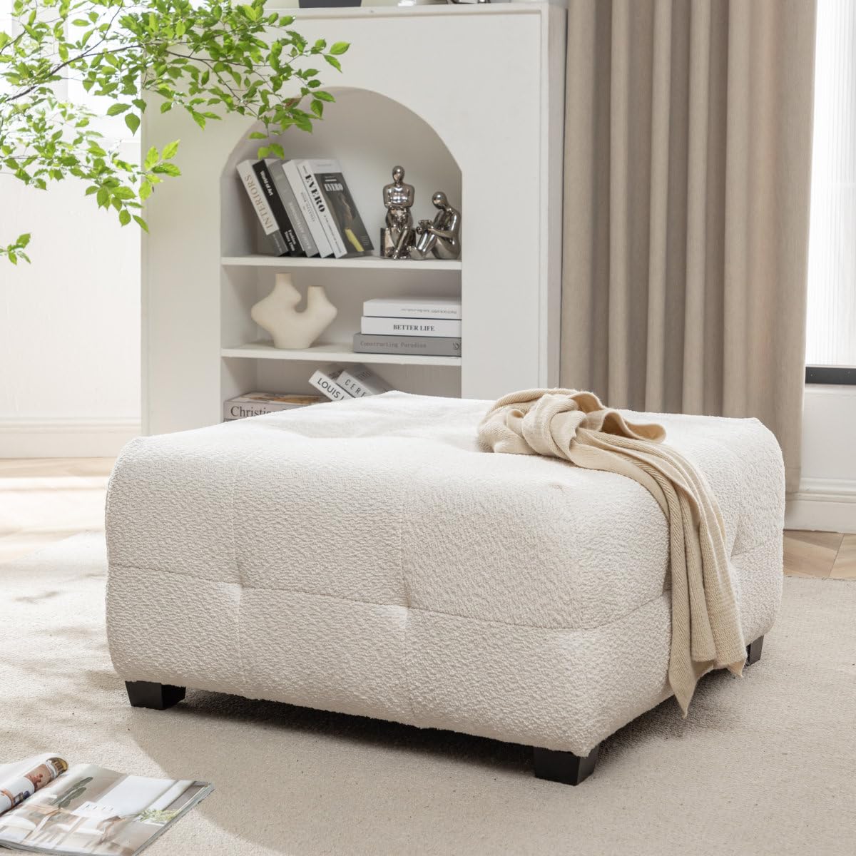 Ashyiah 32'' Wide Upholstered Tufted Ottoman | Elegant Round Coffee Table Ottoman for Living Room & Bedroom | Soft Cushion & Solid Wooden Legs Boucle (Biege)-image-39