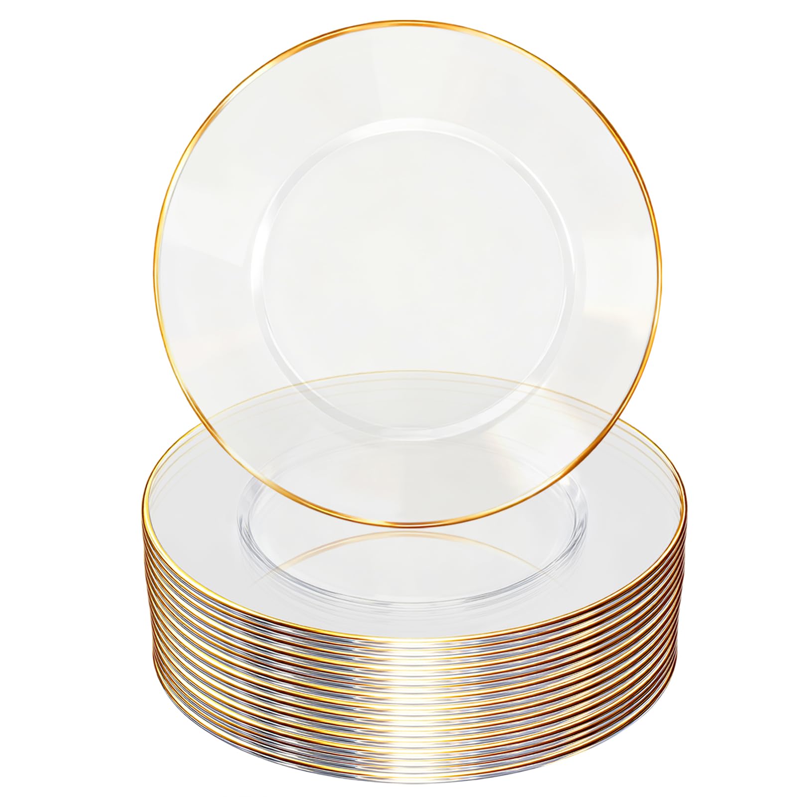 View 1 of 13 Inch Charger Plates, 16 Pack, Extra Thick Clear Charger Plates with Gold Rim, Extra Heavy Duty Disposable Plastic Chargers for Dinner, Elegant Dining, Wedding, Party, Formal Event Decoration