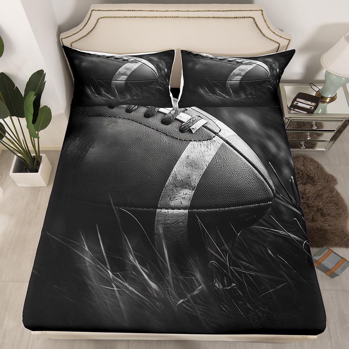 jejeloiu Football Bed Sheets Set Full Size Boys Girls Rugby Sports Fitted Sheet for Kids Game Gift for Football Lover Grey Black Bedding Set Room Decor