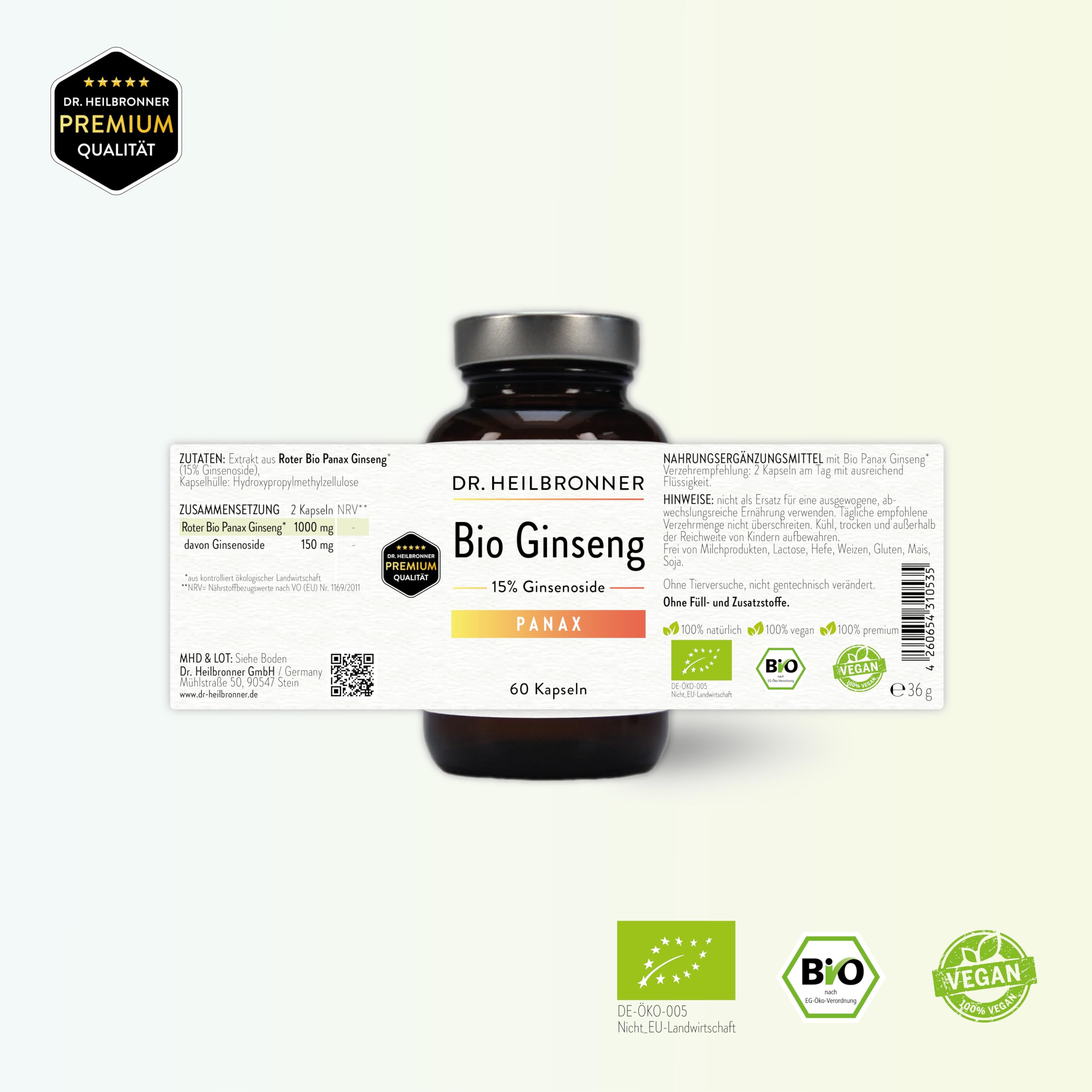 Dr. Heilbronner Bio Panax Ginseng - hochdosierter Wurzelextrakt - 60 Kapseln in der Glasflasche - Vegan