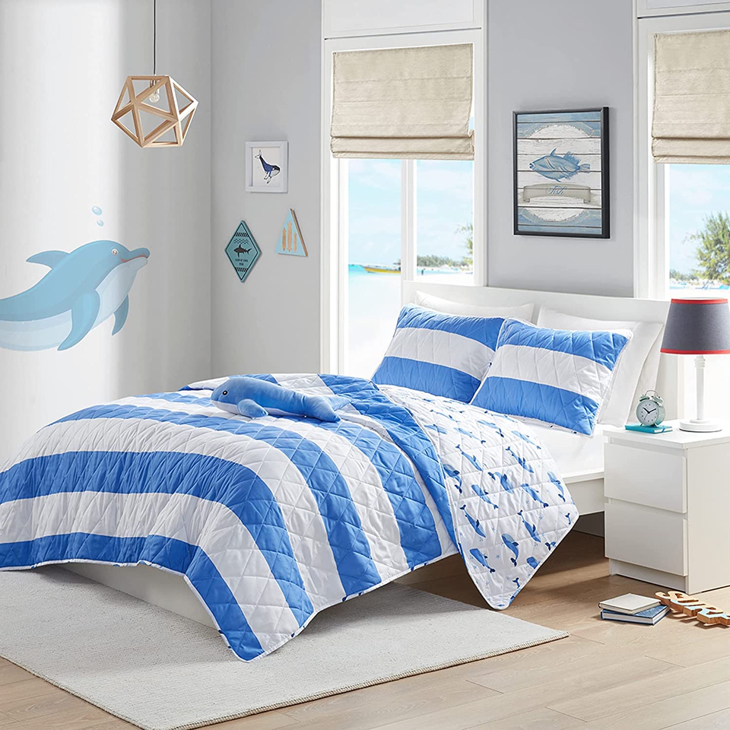Mi Zone Kids Mizone Kids Blake Reversible Dolphin Quilt Set - Adventure Animal Adorable Print, Fun Bedroom Décor, Modern All Season Kids Coverlet Bedding, Shams, Decorative Pillow, Twin Blue 3 PieceOEKO-TEX STANDARD 100