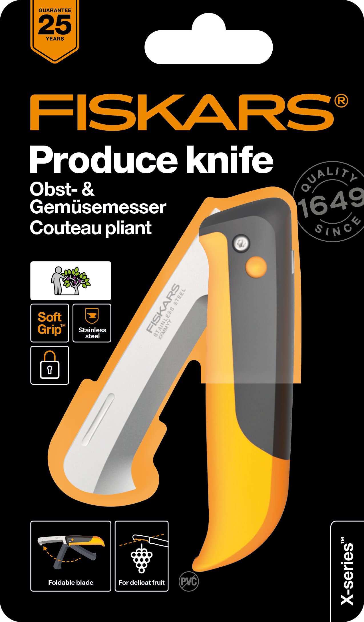 Fiskars Couteau de Récolte pliable pour Fruits et Légumes, Pour la récolte, Longueur totale : 17,8 cm, Acier Inoxydable/Plastique, Noir/Orange, X-series, K80, 1062819