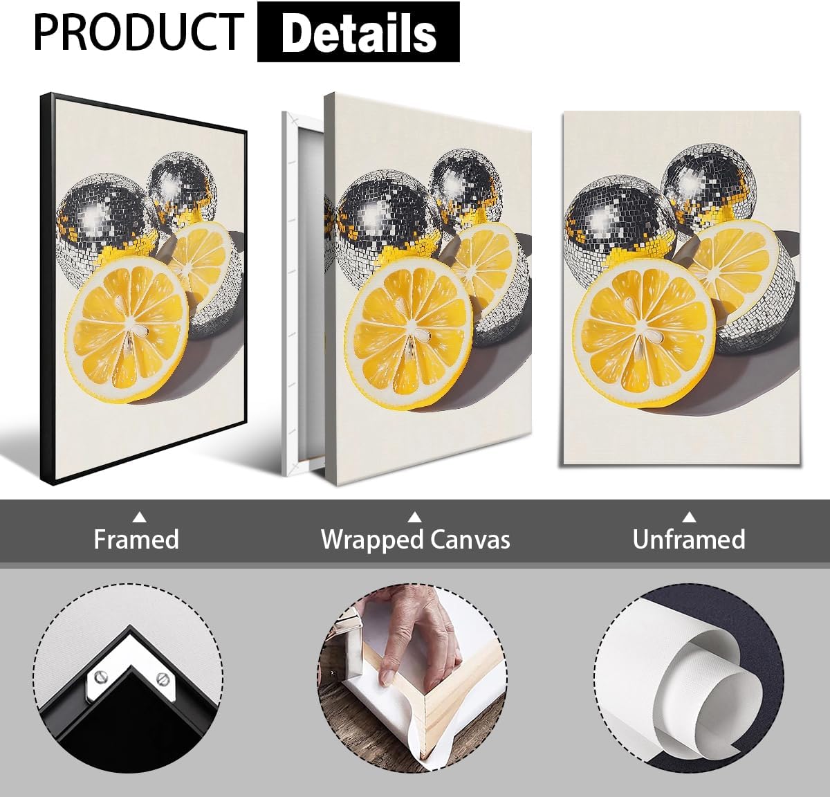 Disco Ball Fruit Canvas Wall Art, Lemon Picture Yellow Aesthetic Poster, Eclectic Maximalist Modern Artwork, Surrealism Trendy Fruit Painting for Kitchen Home Bars Wall Decor 16x24in Framed