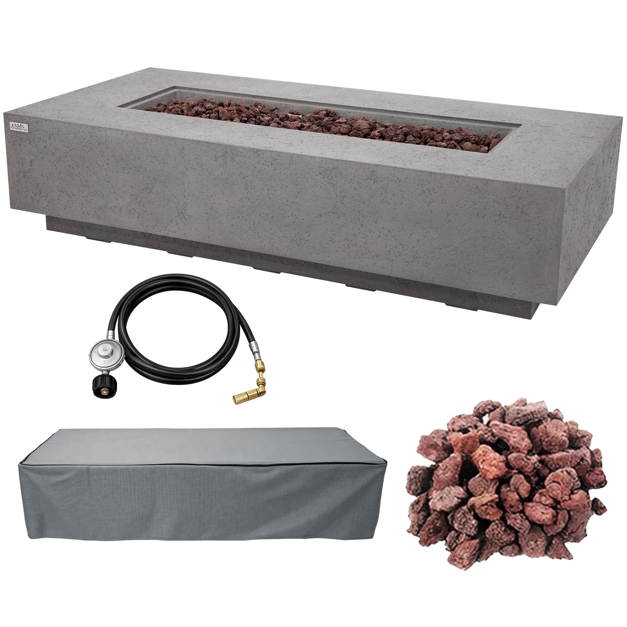 AMS 72" Rectangular Cast Concrete Natural Gas Fire Pit Table (Light Gray)