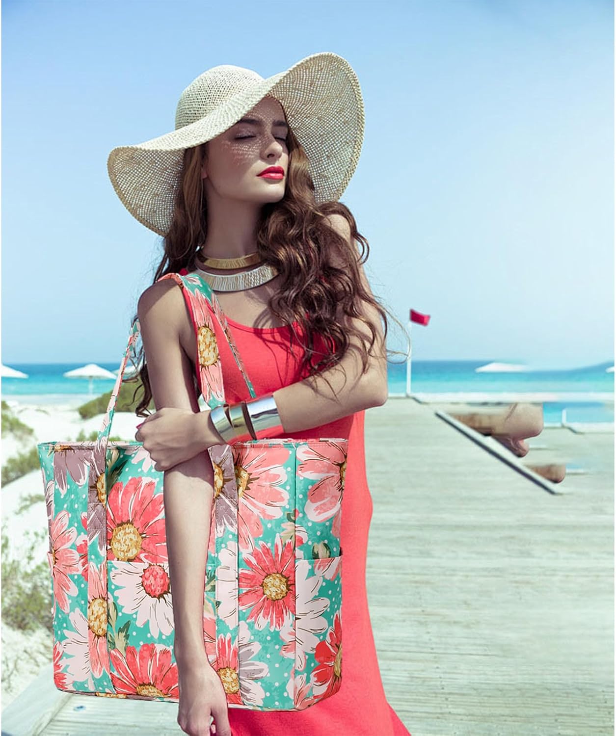 Octsky Large Beach Bags for Women - Waterproof Sandproof Beach Tote with Dual Zipper and Wet Pocket - 3 Outside Pockets - Image 2