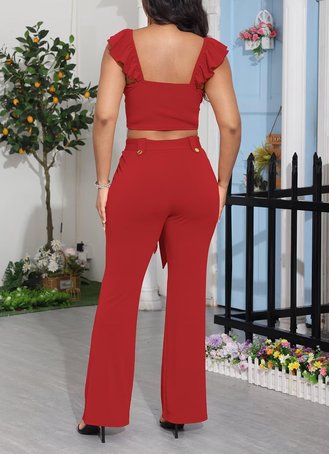 Aro Lora Womens 2 Piece Sets Summer Outfits Sweetheart Neck Flounce Sleeve Crop Top Pants Set with Pockets - Image 4