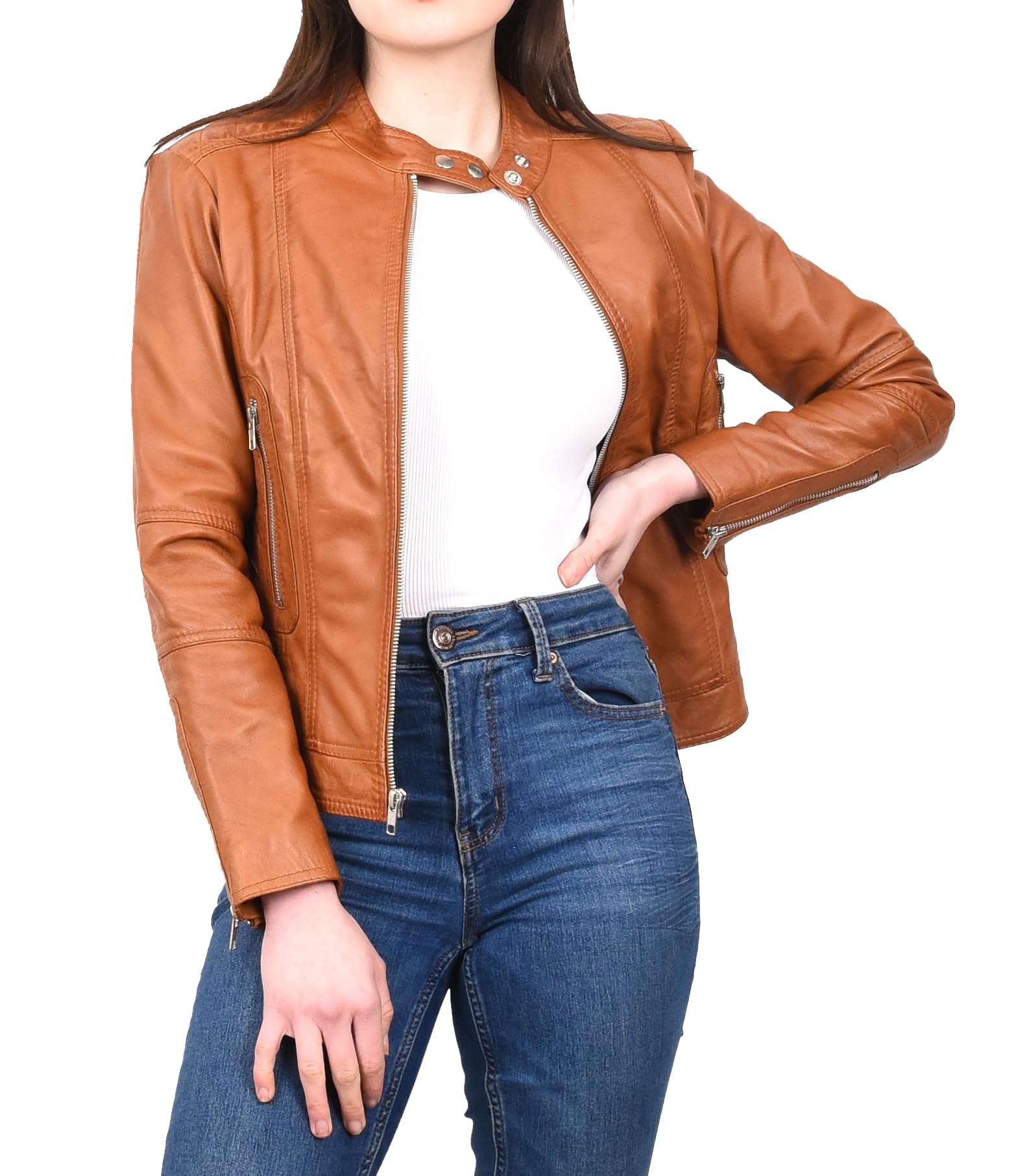 Divergent Retail Ladies Fitted Genuine Leather Plain Biker Jacket Classic Motorcycle Style Coat Raymonde Tan (UK, Numeric, 12, Regular, Regular, Tan)