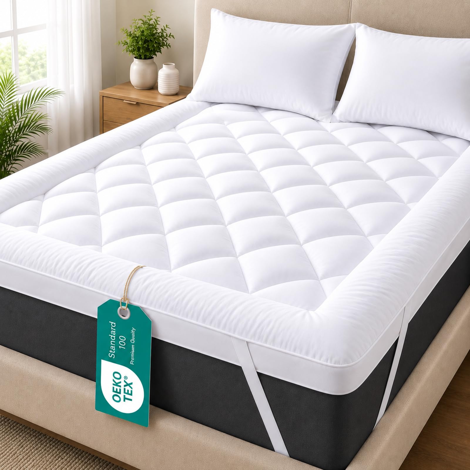 Linens World Mattress Topper 4FT Small Double 10cm Thick White, Quilted Super Soft Microfiber Topper with 1200GSM Hollowfiber Filling, Breathable Washable with Elastic Straps (122x190cm)