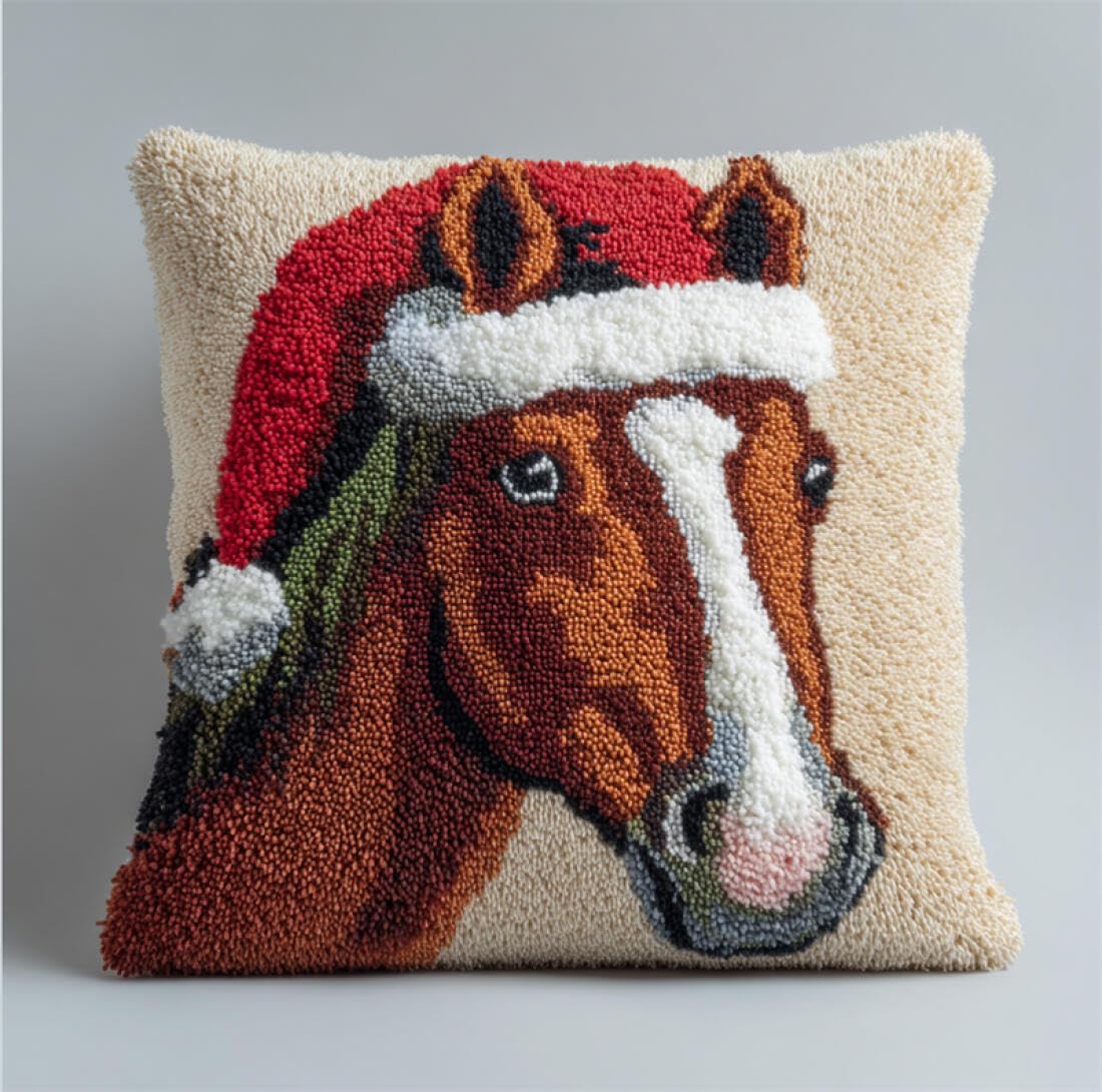 Kitquiver Animal Cushion Making Kit Horse DIY Latch Hook Rug Kit for Beginners Embroidery Cushion Canvasfor Adult Beginners 17x17In