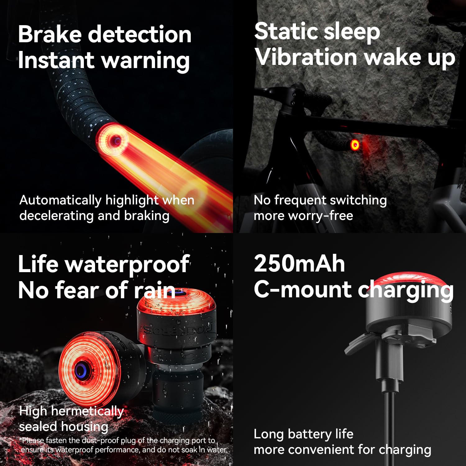 ROCKBROS Luce per manubrio della bicicletta, luce posteriore per bicicletta, luce ricaricabile per bicicletta, impermeabile IPX6