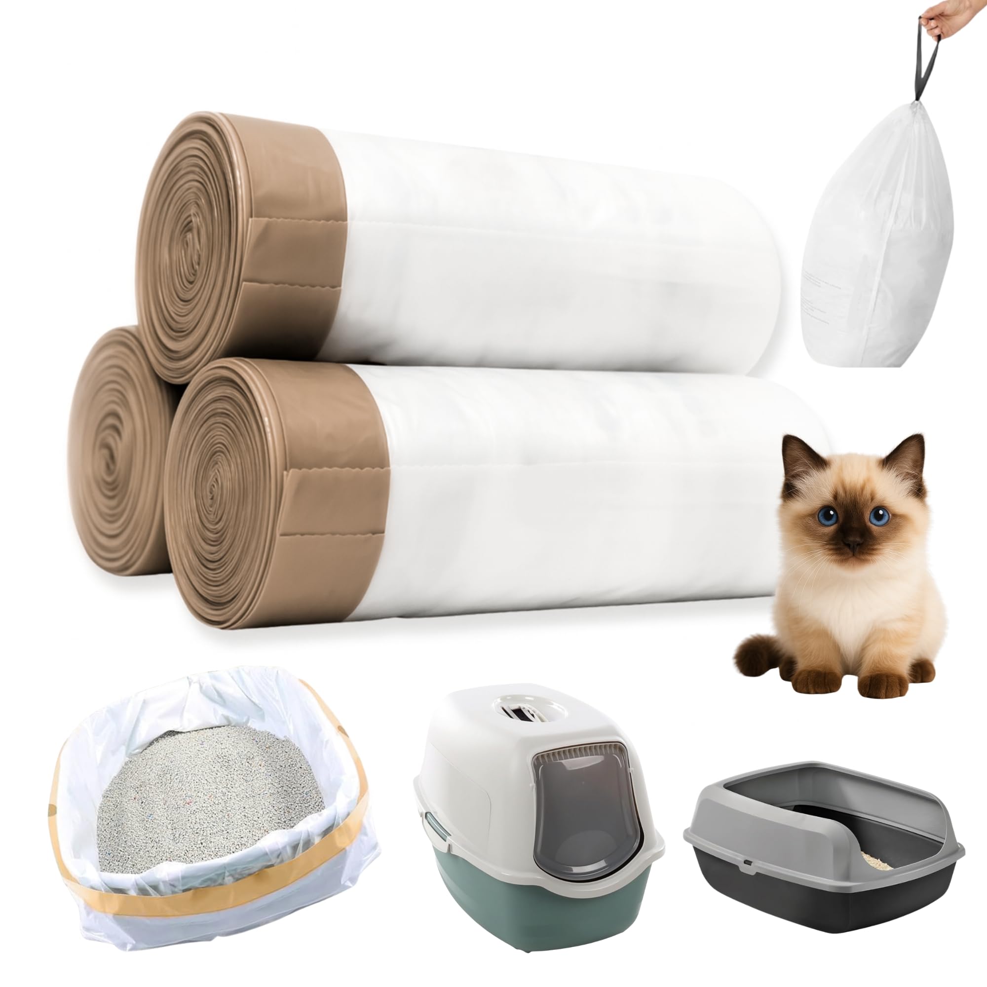 60x Sac Litière Chat XL de protection pour bac à litière avec Cordons de Serrage - Pack Économique Annuel - Hygiéniques, Résistants & Anti-Odeurs