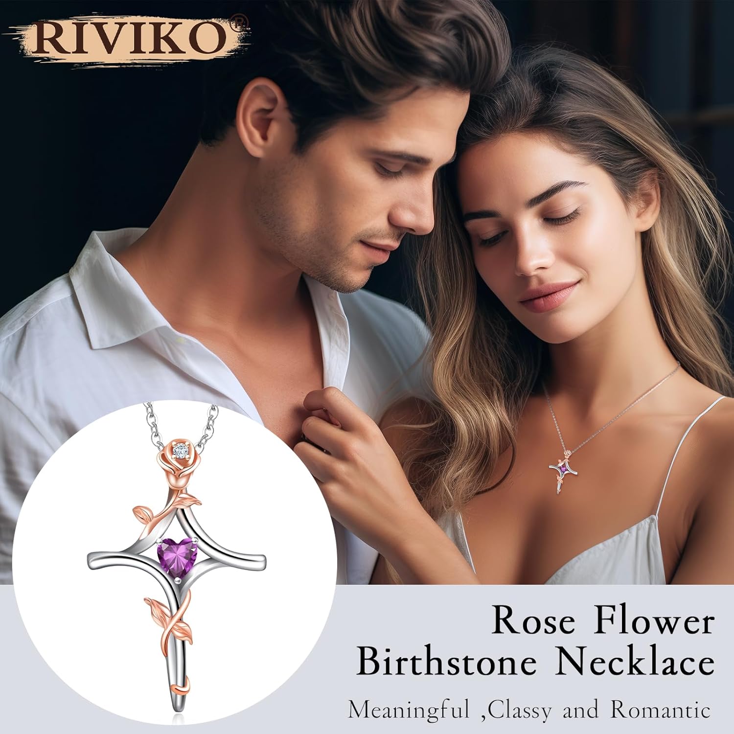 RIVIKO Rose Flower Cross Necklace for Women,925 Sterling Silver Birthstone Necklaces Heart Pendant,Cross Jewelry Anniversary Birthday Gifts for Women Wife Mom Lady - Image 3