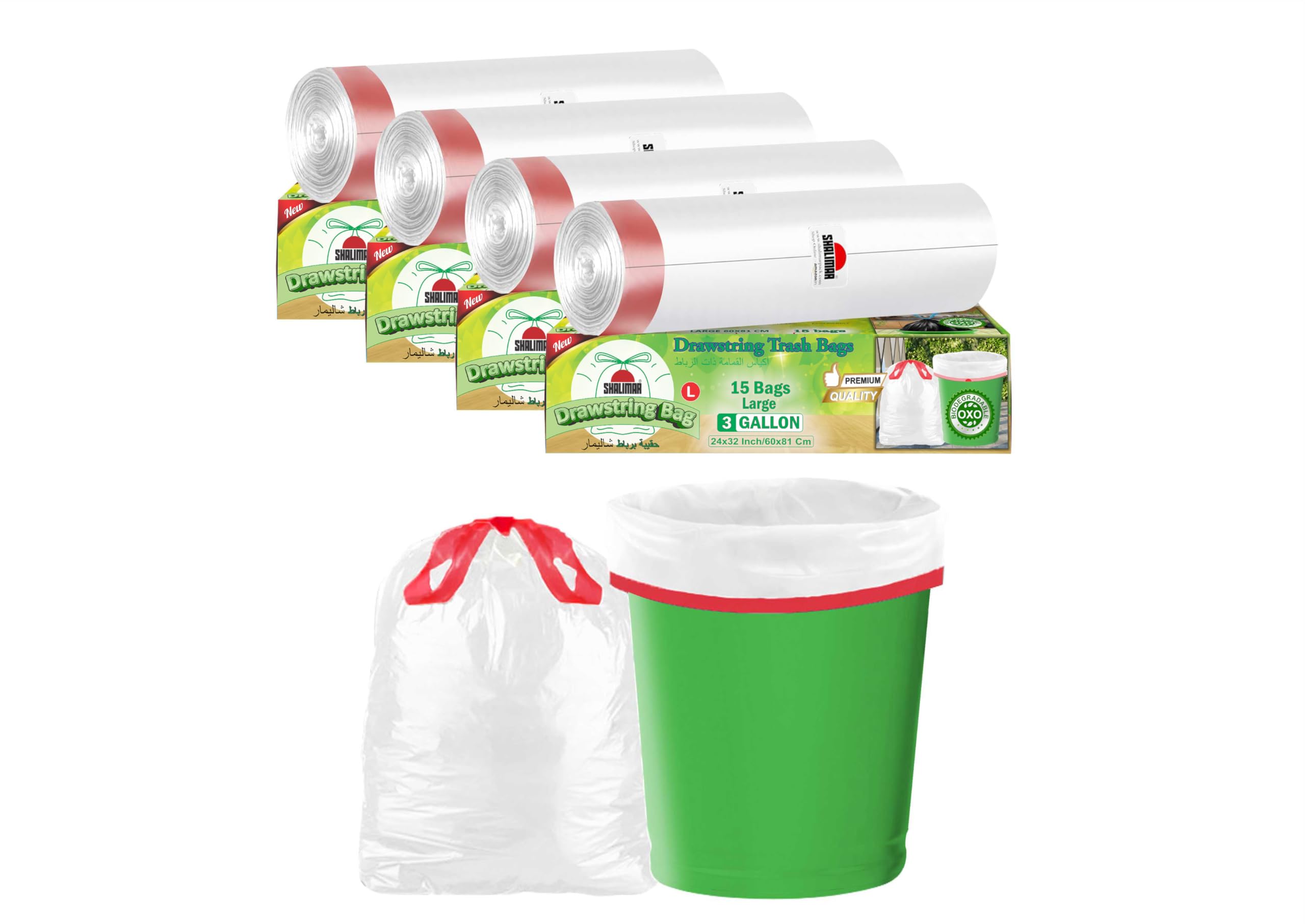 Shalimar Premium (Lavender Fragrance) Scented Drawstring Garbage Bags | Large 24 X 32 Inches | 60 Bags (15 Bags X 4 Rolls) | Dustbin Bag/Trash Bag | (White) - Perforated Box for Easy Dispensing