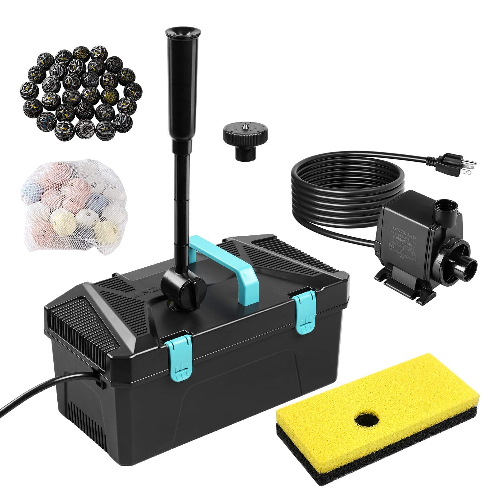 Aniluv PFB-400 - Filtro per laghetto Koi per laghetti all'aperto (fino a 400 galle) con pompa da 400 GPH e kit fontana