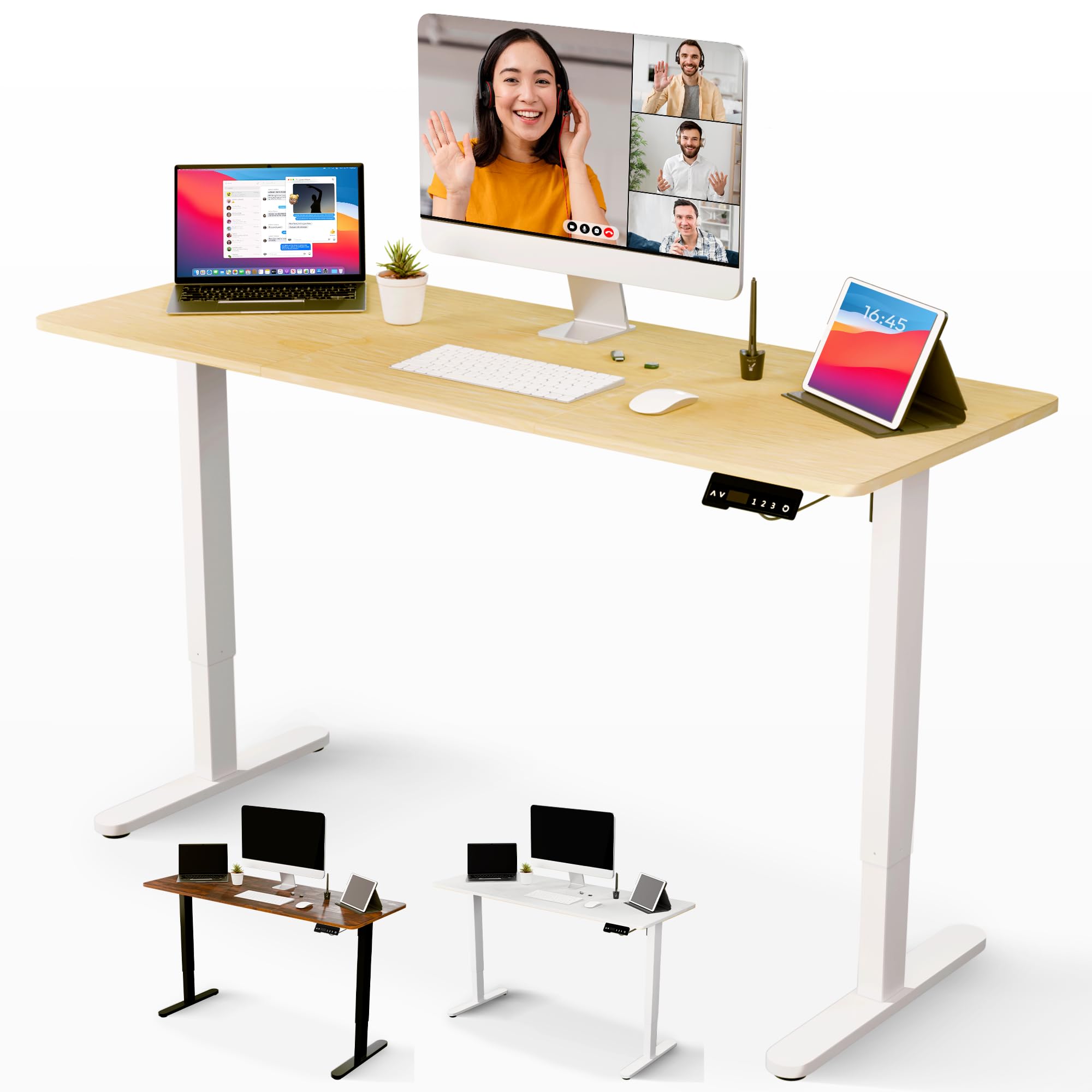 JUPPLIES Escritorio Elevable Electrico 140 x 60 cm - Mesa Elevable Escritorio Ajustable en Altura con Panel Inteligente de 3 Memorias - Standing Desk Oficina en Casa - Blanco y Madera Clara