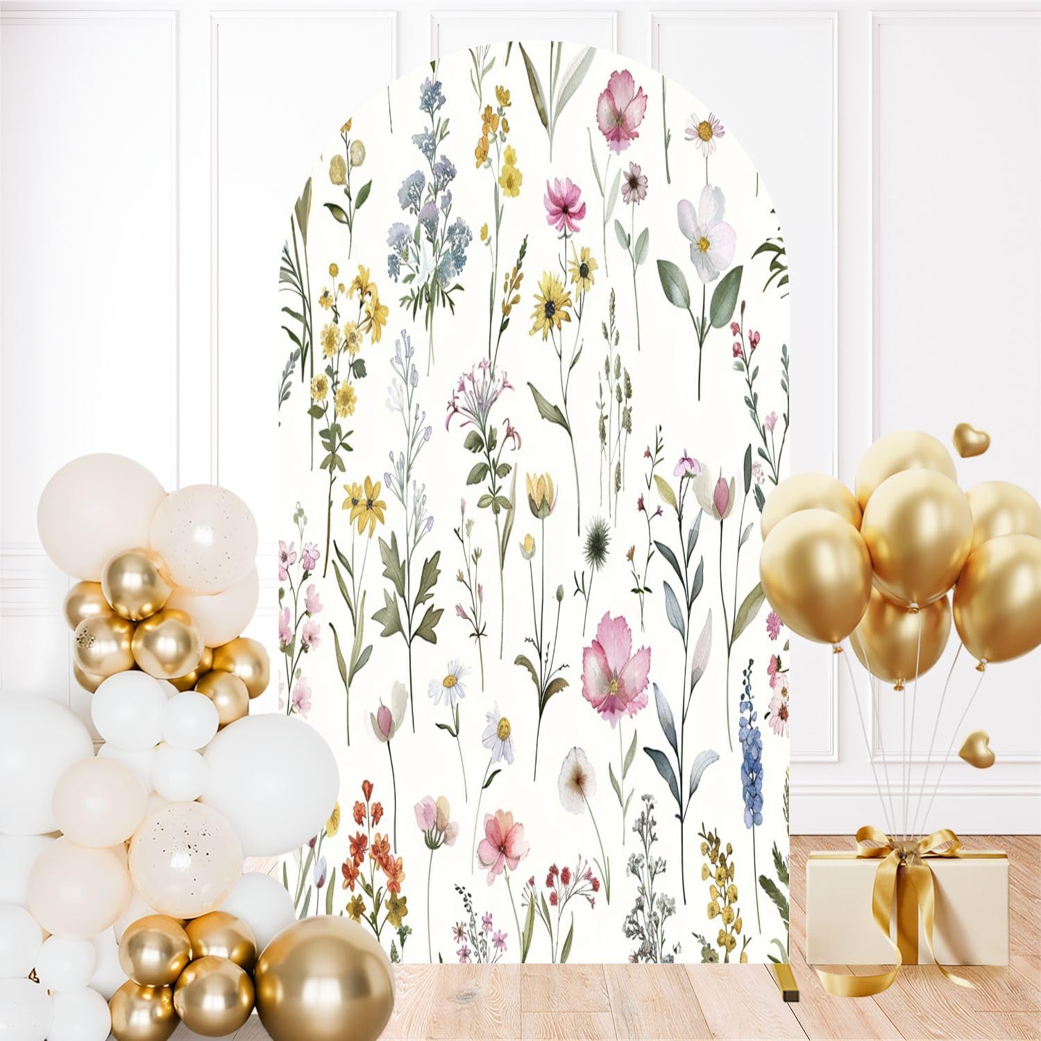 7.2FT Wedding Arch Backdrop Cover Watercolor Floral Seamless Fabric Hand Painted Greenery Wildflowers Fitted Round Top Backdrop Stand Covers for