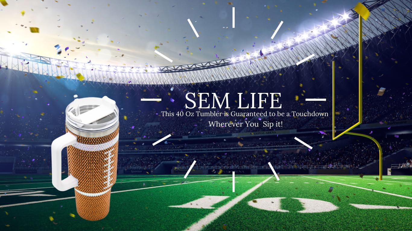 40 Oz Rhinestone Bling Tumbler Cup with Handle and Straw (FOOTBALL), Stainless Steel and Double Wall Insulated, Stand Out and Shine at Parties, Ball Games, Tailgating, Office, Daily Life - Image 4