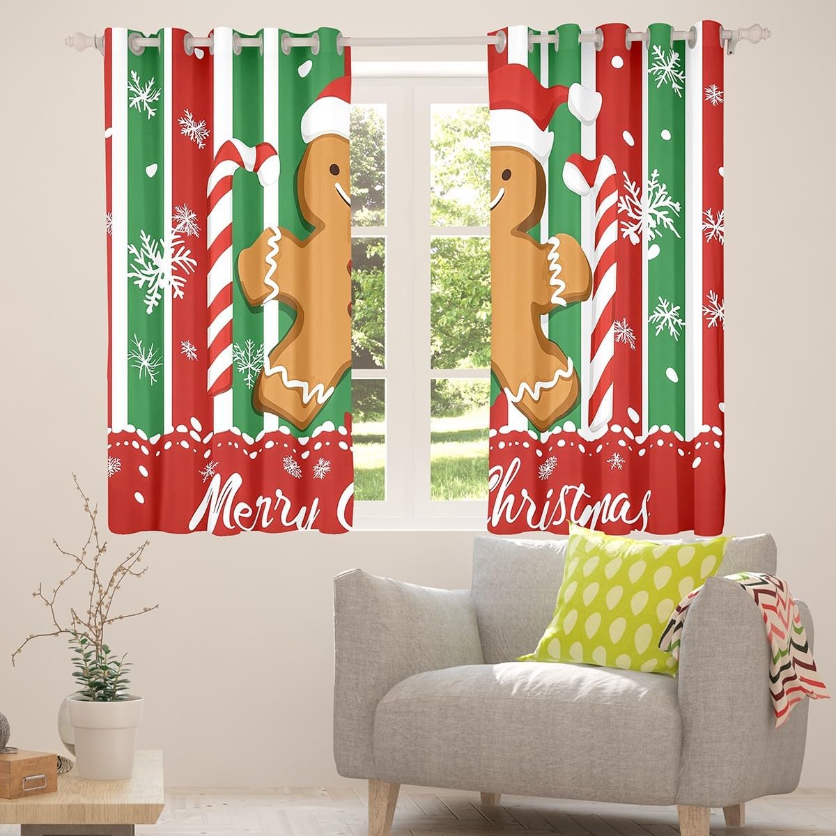 Feelyou Kids Merry Christmas Curtains for Bedroom (2 Panels, 52 x 96 Inch) Gingerbread Man Candy Cane Blackout Curtains Boys Girls Xmas Snowflake Winter Theme Happy New Year Window Treatments