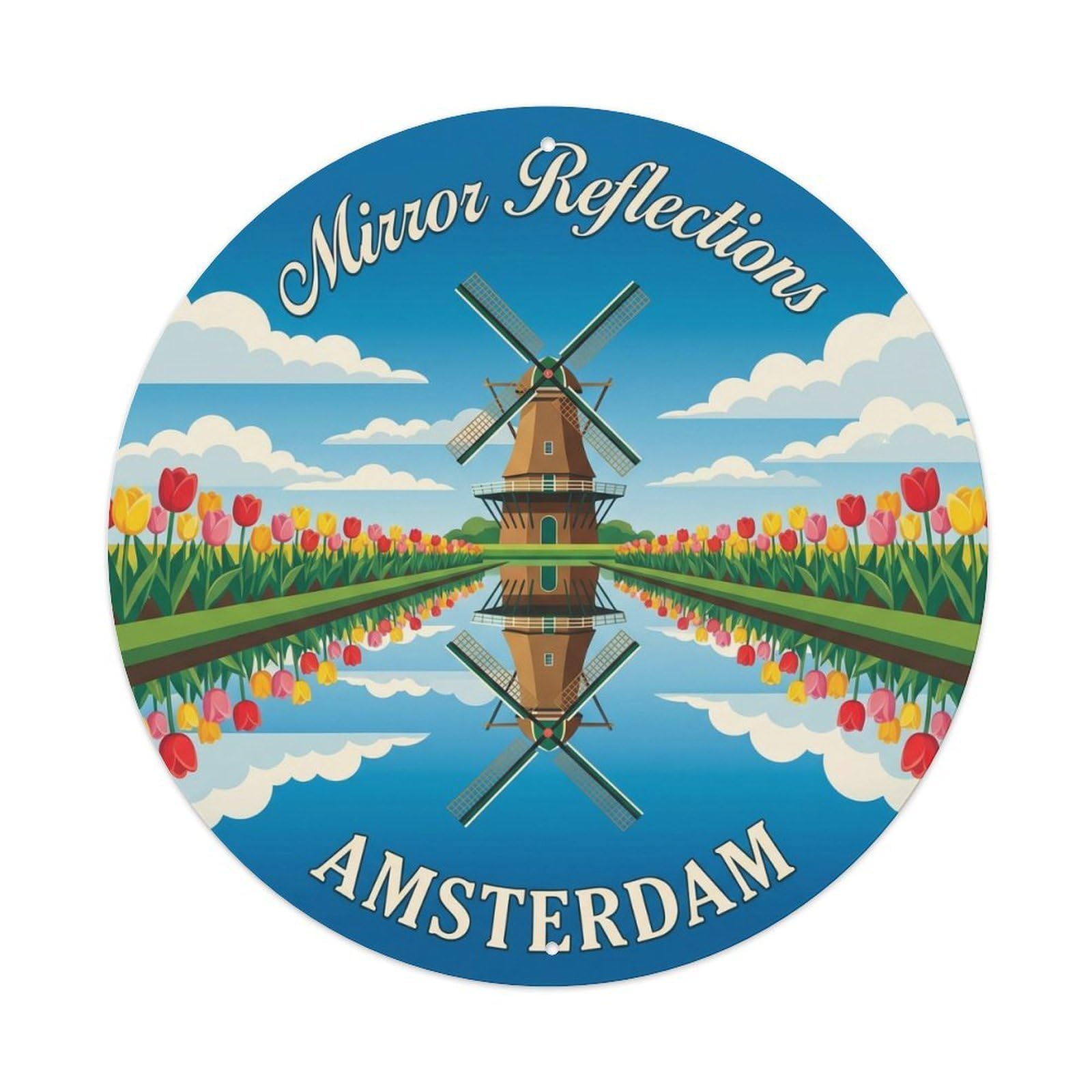 Vintage Travel Amsterdam Windmill Reflection Metal Tin Sign Plaque