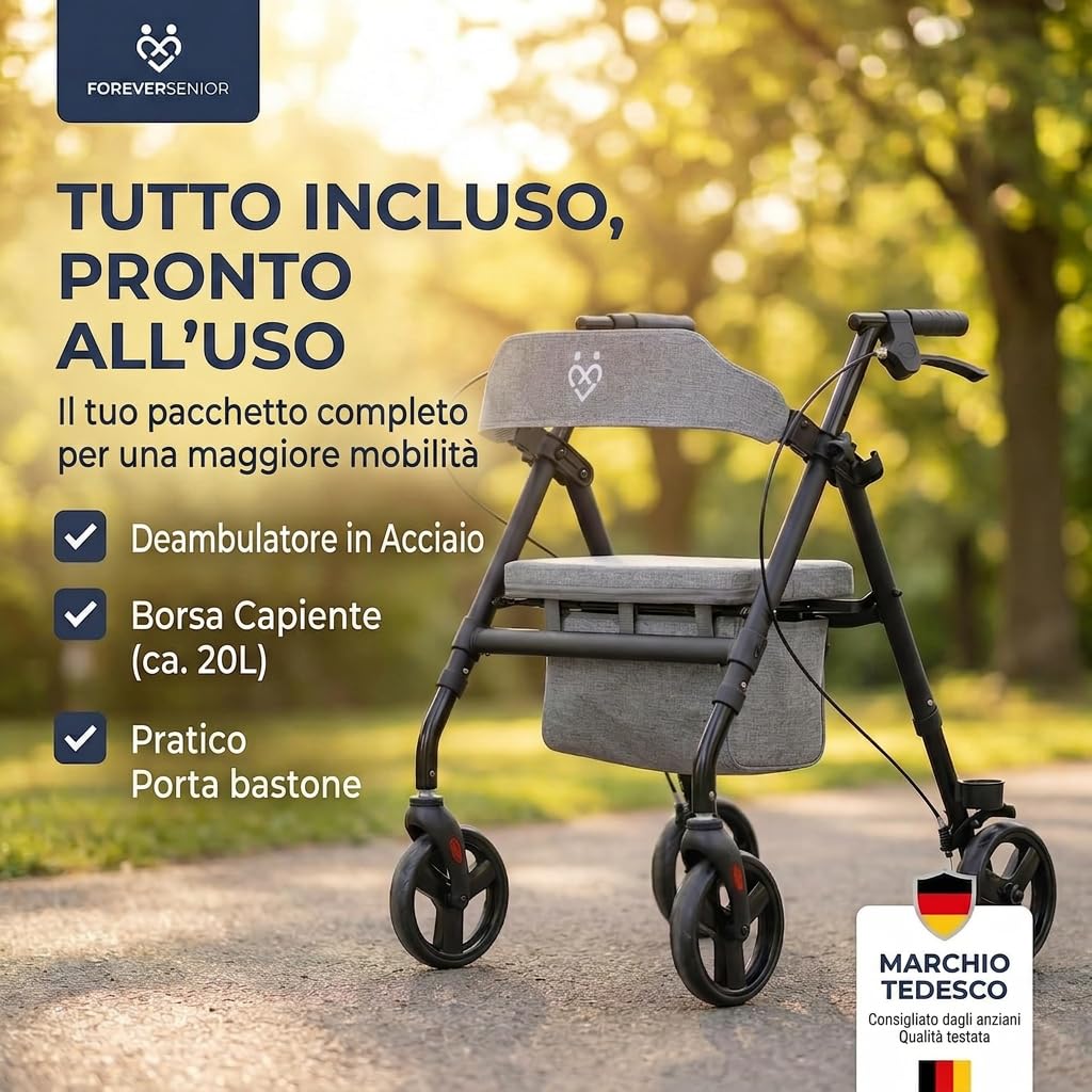 Deambulatore Rollator Pieghevole Leggero 9 kg con Seduta – Girello per Anziani in Acciaio, Borsa e Schienale Imbottito, Design Stretto per Interno ed Esterno