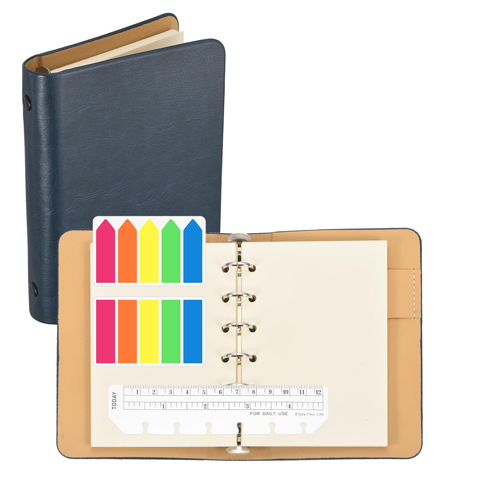 PATIKIL A6 Blank Pages 6 Ring Binder, Leather Notebook with Transparent Bookmark Ruler and Colorful Index Sticky Tabs for Office Study Work, Navy Blue