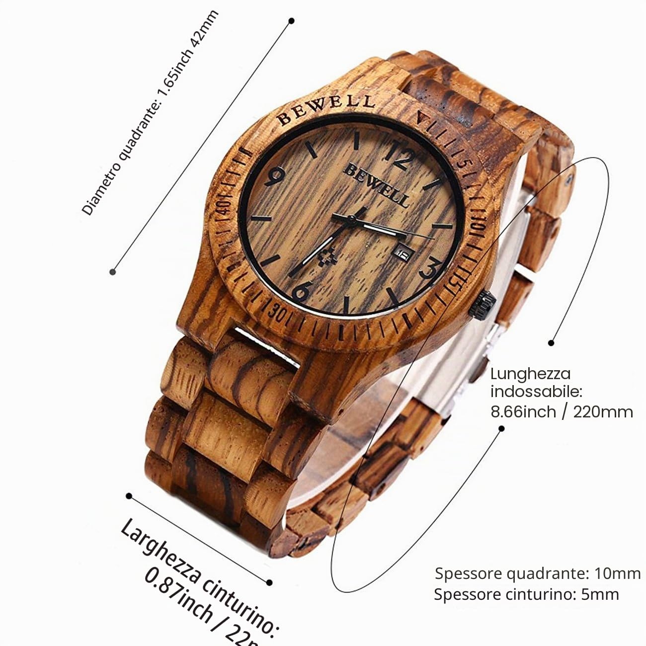 Bewell W086B - Orologio analogico al quarzo, leggero, realizzato a mano, in legno