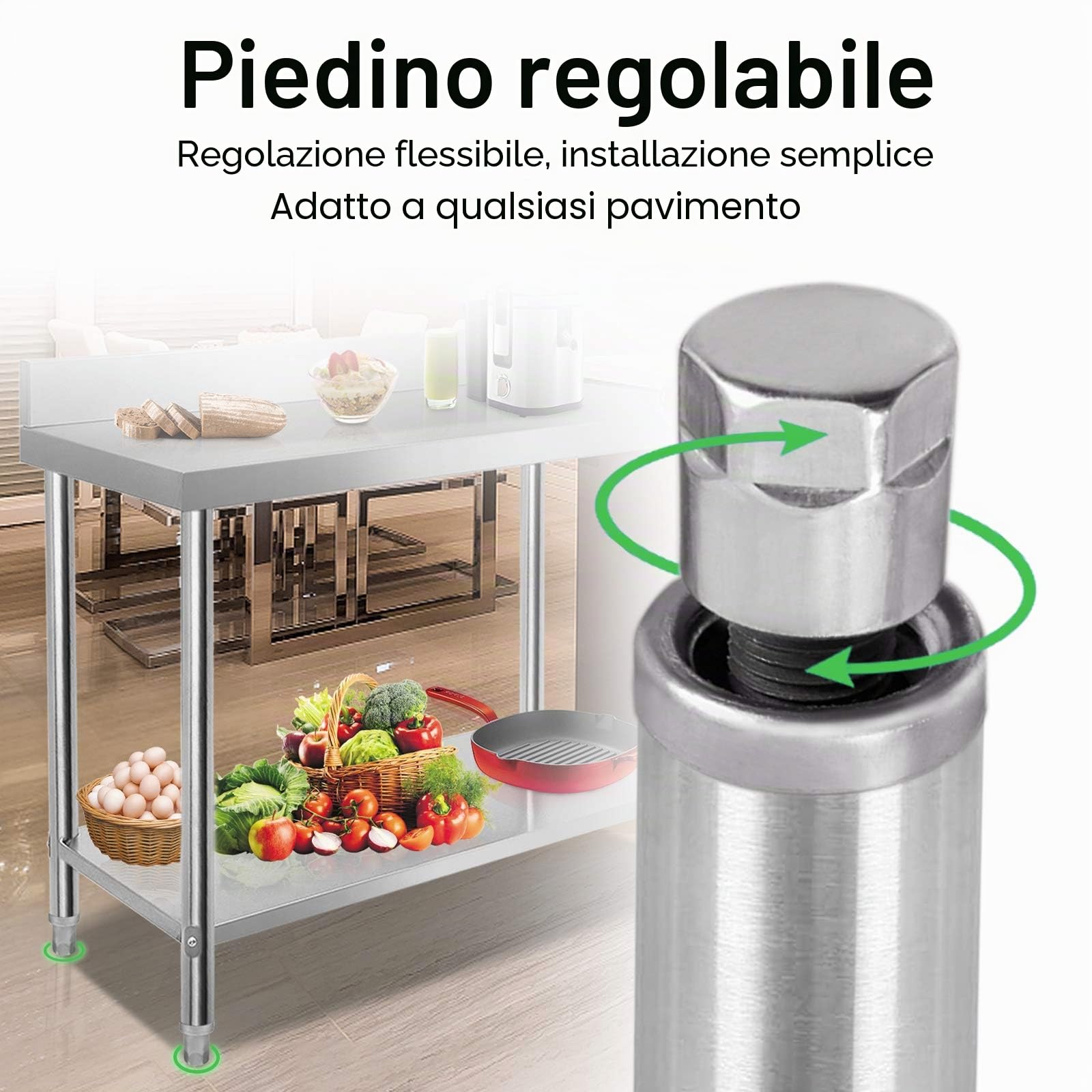 UISEBRT - Tavolo da lavoro in acciaio inox con alzatina 100 x 60 x 85 cm, tavolo da cucina con piedini regolabili, tavolo da cucina per la preparazione con ampio spazio di archiviazione inferiore