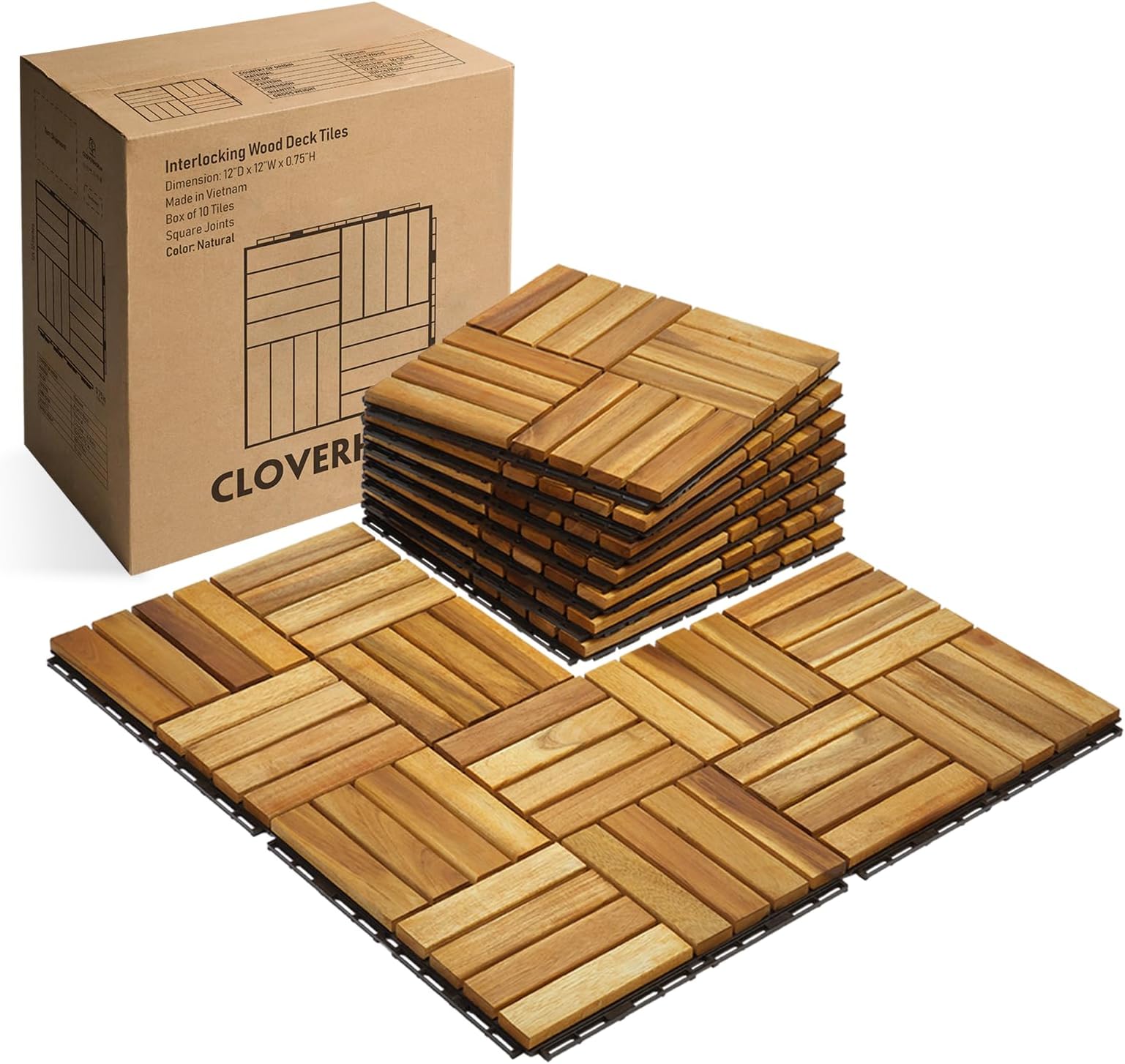 CLOVERHOLM 10 PCs Interlocking Deck Tiles, 12x12x0.75 inches Waterproof Wood Patio Floor Tiles for Indoor and Outdoor, Easy Snap Flooring, Balcony, Backyard, Square Joints, Natural