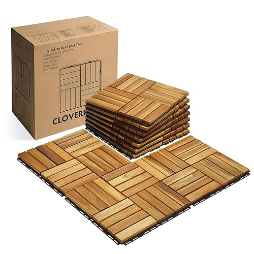 10 azulejos entrelazados para terraza, 12 x 12 pulgadas, impermeables, de madera, para interiores y exteriores, suelos de fácil presión, balcón,