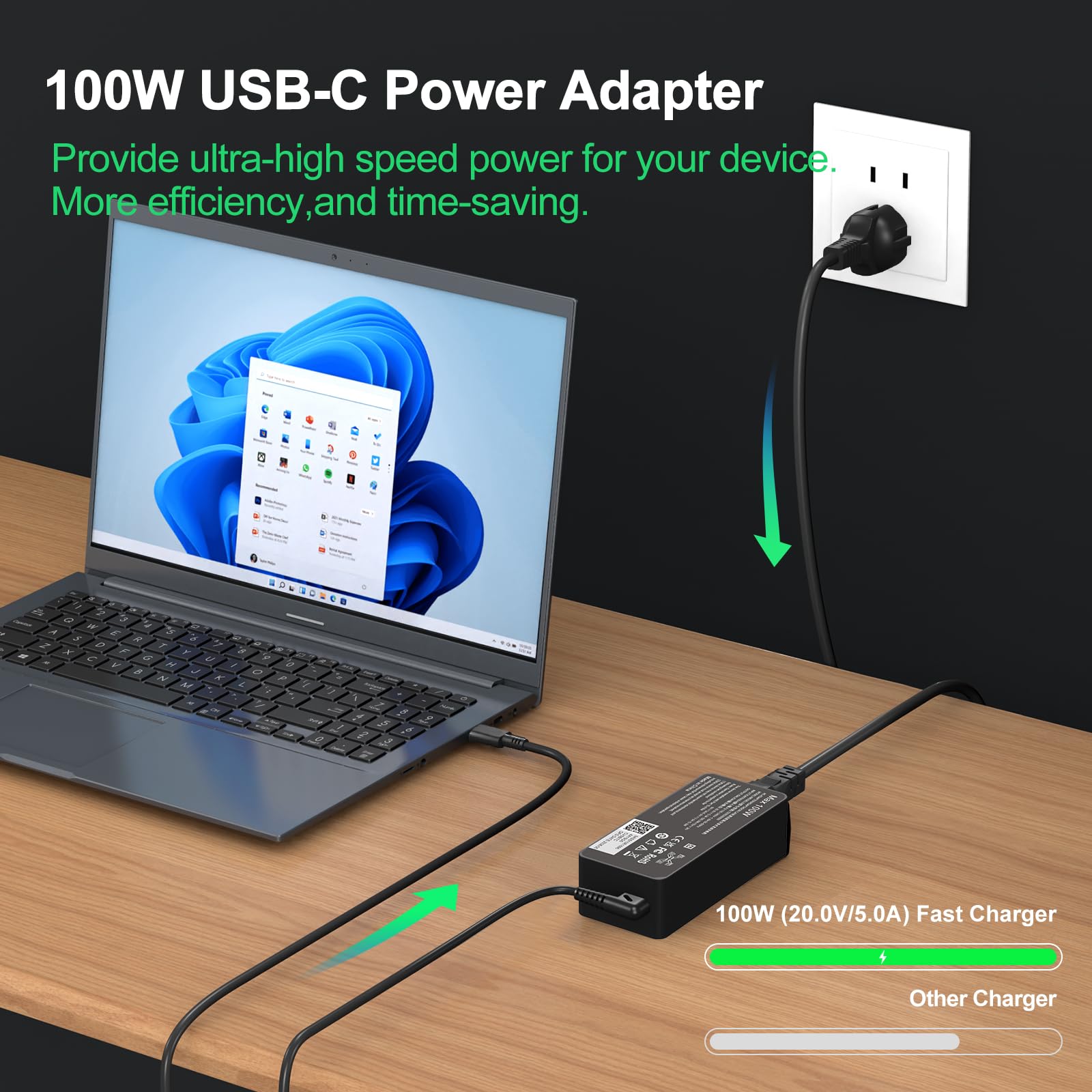 Chargeur USB C 100 W pour ordinateur portable MacBook - Chargeur rapide - Adaptateur secteur compatible avec MacBook Pro/Air 13, 14, 15, 16", MacBook Air 13" 2026/2025/2024 pour Lenovo/hp/Dell Asus