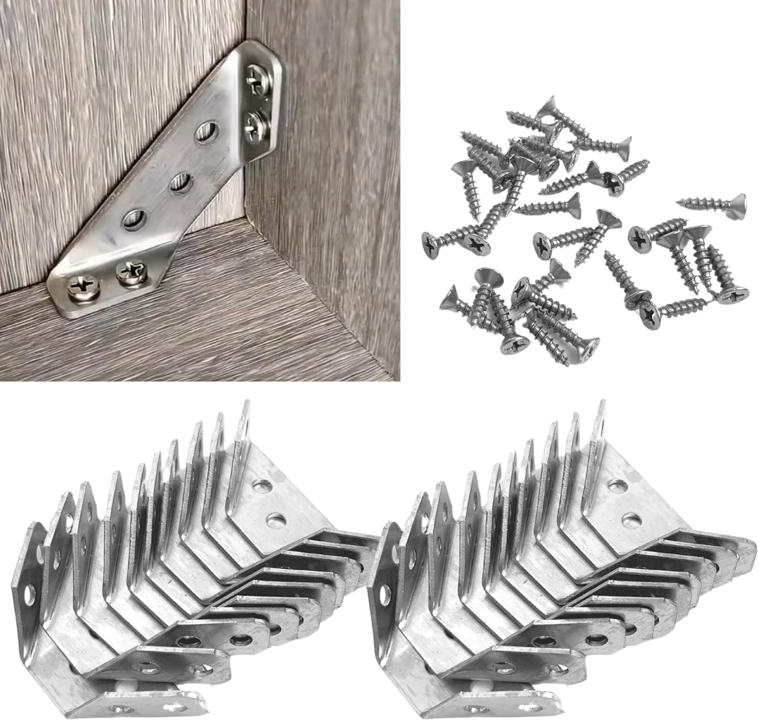 Universal Stainless Steel Furniture Corner Connector with Screws, 20 Pack Corner Brace Angle Corner Bracket for Shelves Wood Furniture Chair Drawer Cabinet