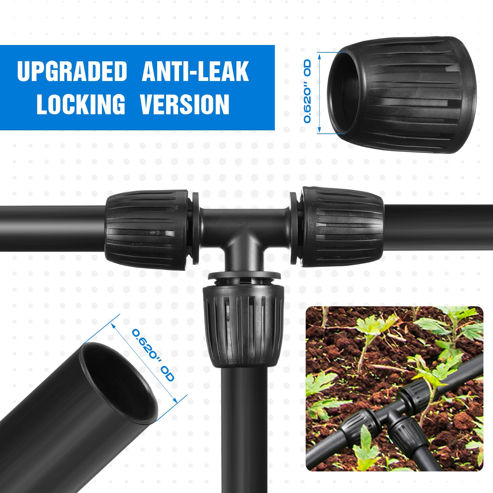 Frienda 40 tubos en T con bloqueo de riego por goteo de 1/2 pulgada (1/2 pulgada de diámetro interior x 0.6 a 0.6 pulgadas de diámetro exterior), accesorios de riego por goteo de 16 mm, piezas de