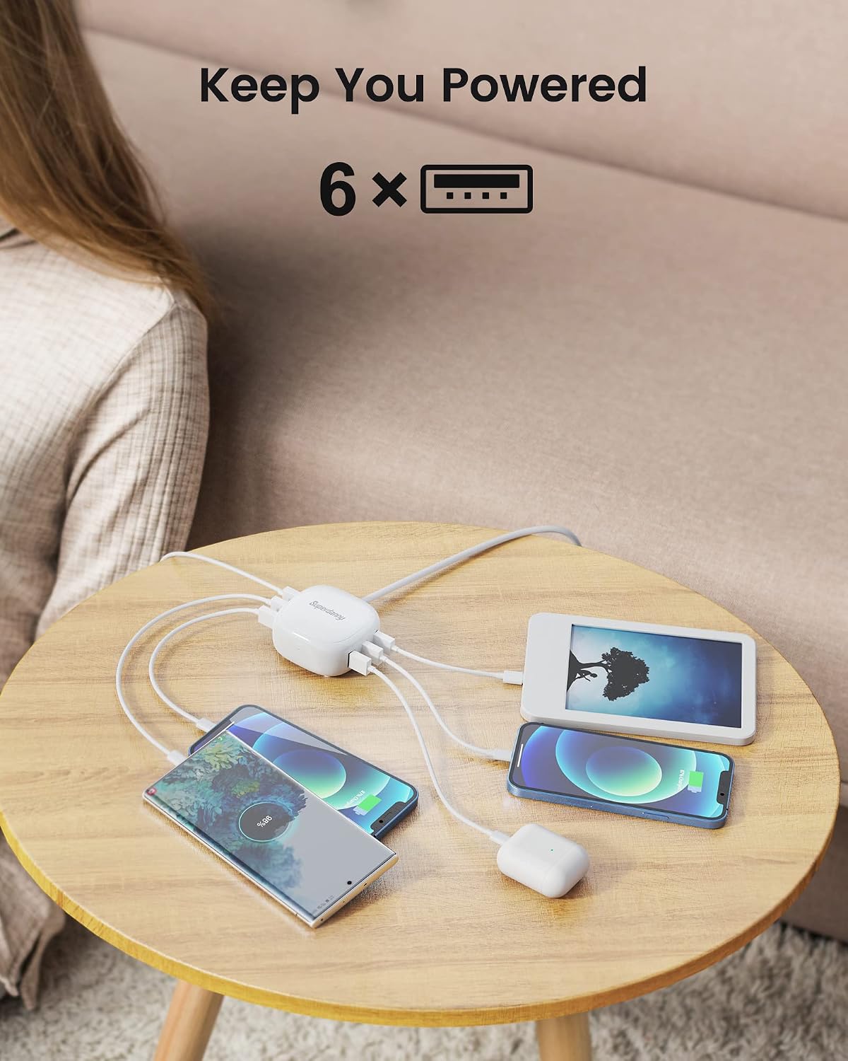 SUPERDANNY 6-Port USB Charger, 40W 8A Mini USB Charging Station, Charging Station for Multiple Devices, 4ft Cable, Compatible with iPhone, iPad, Galaxy, Pixel, for Travel, Cruise, White